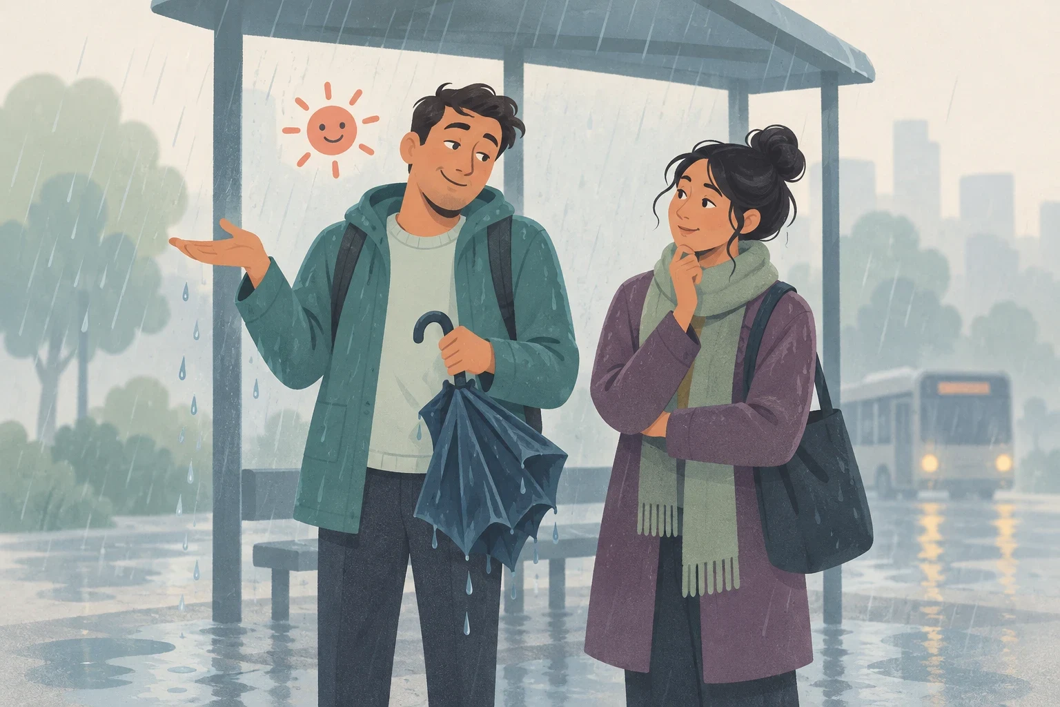 A man and a woman stand under a bus shelter in the pouring rain. The man holds an umbrella and gestures toward the storm, accompanied by a small smiling sun icon.