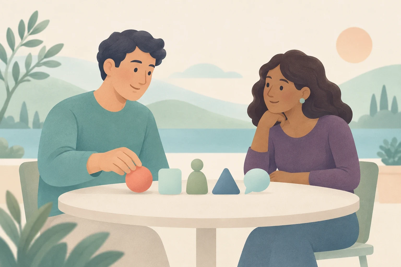 A man and a woman sit at an outdoor table arranging colorful geometric shapes and a speech bubble symbol.