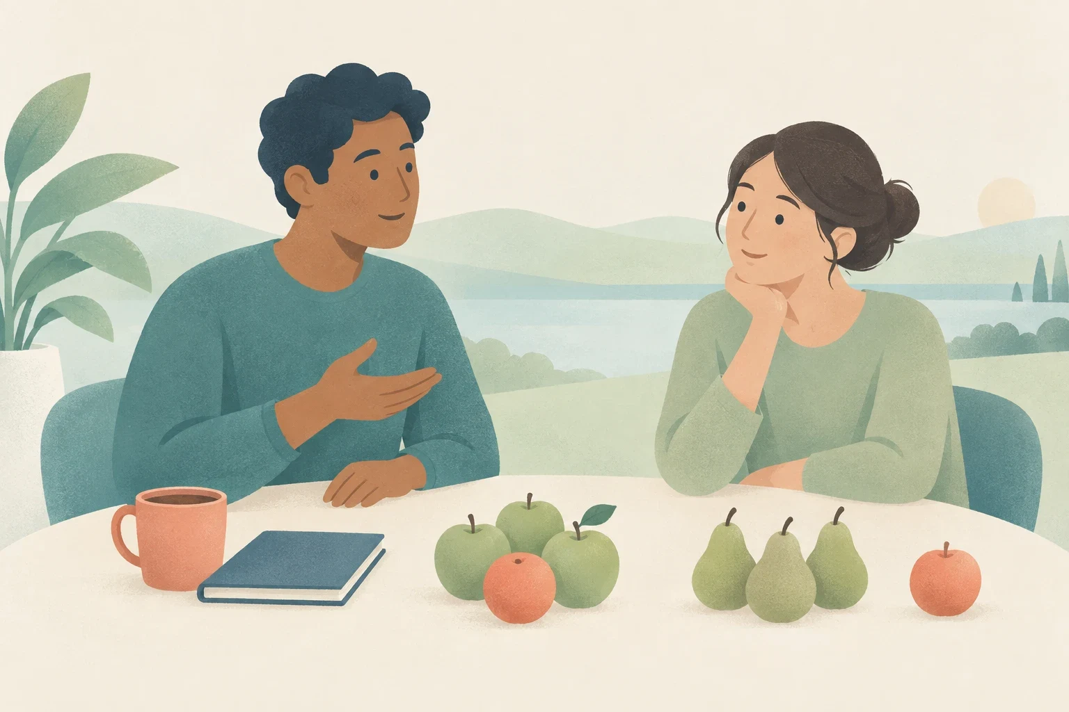A man and a woman converse at a table with a mug beside a notebook, alongside arrangements of apples and pears, with rolling hills in the background.