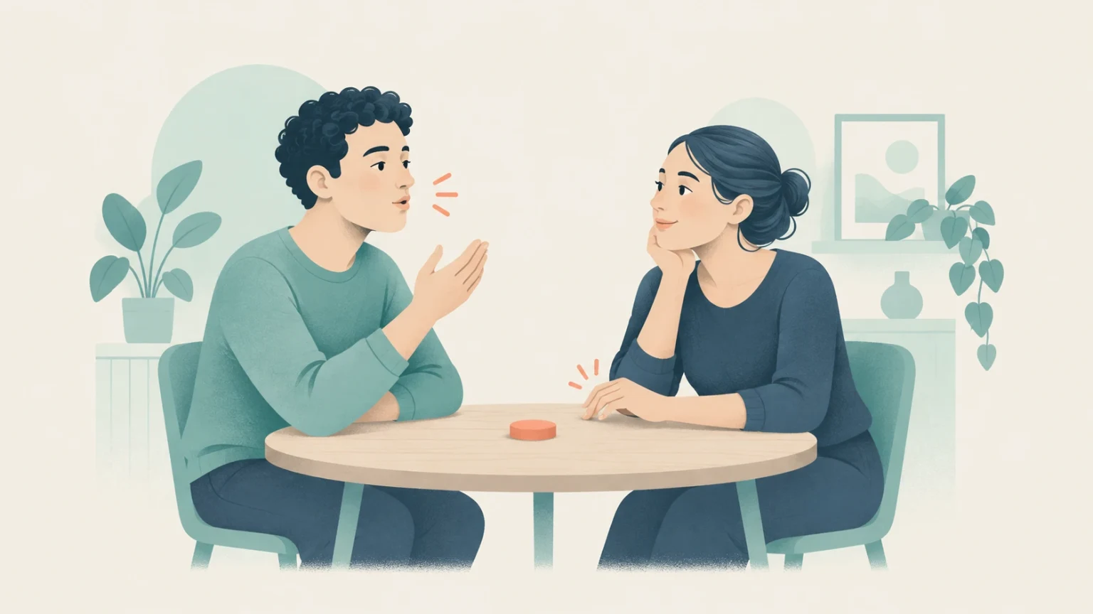 Editorial illustration of a man articulating speech with rhythm marks across a table from an attentive woman listening in a bright room.
