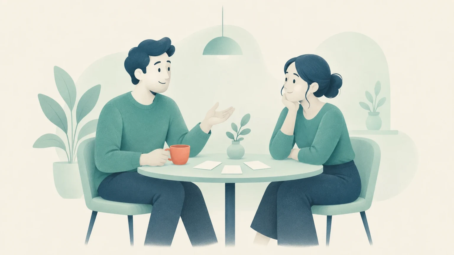 An editorial illustration of a man and a woman seated at a table having a calm conversation with cue cards and coffee.