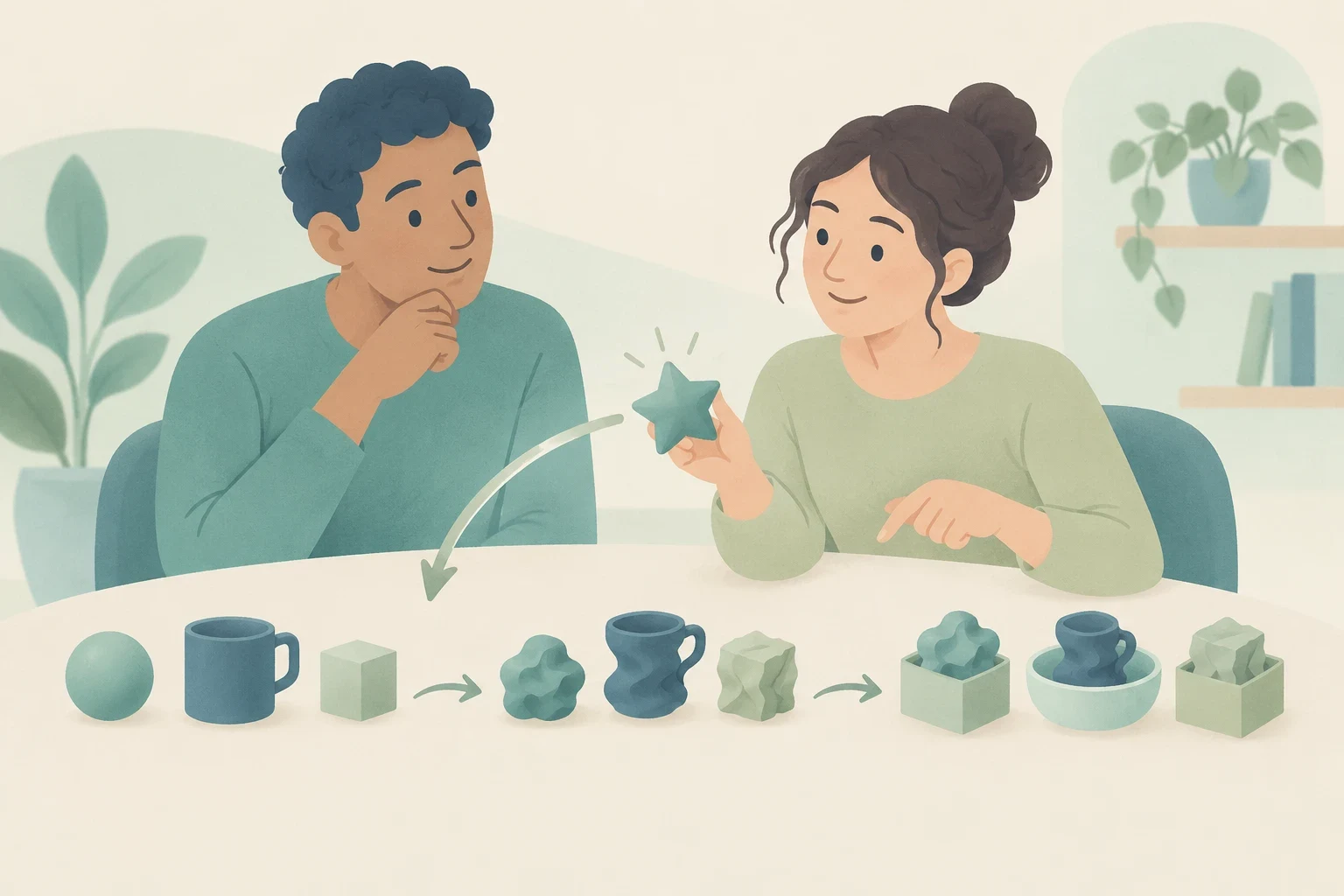 A man and woman at a table examine a diagram showing geometric shapes transforming into irregular forms and sitting in containers.