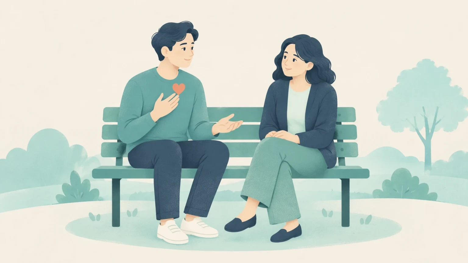 A man and woman sit on a park bench; the man gestures with a hand over his heart while speaking openly to the attentive woman.