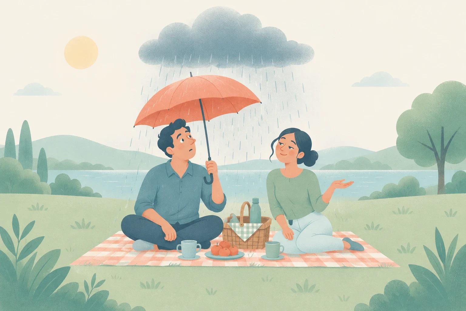 Editorial illustration of a man and woman having a sunny picnic while a single rain cloud pours only over the man holding an umbrella.