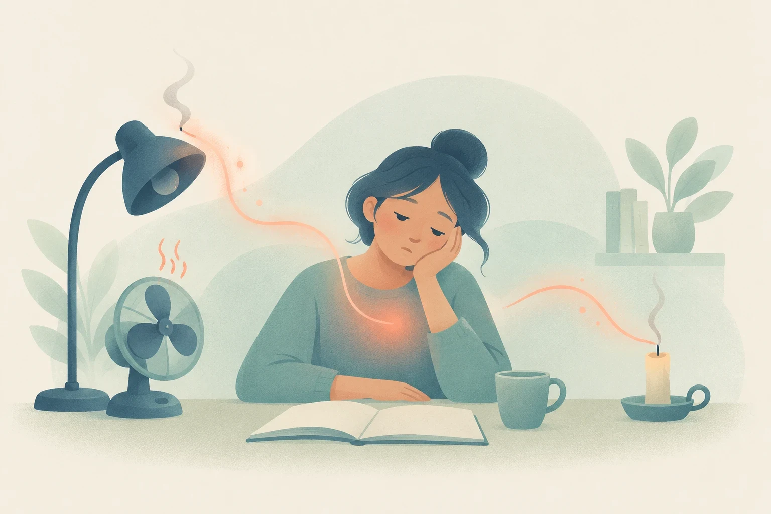 A weary woman rests her head on one hand over an open book, surrounded by a lamp, fan, mug, and smoking candle, with orange heat-like trails suggesting burnout.