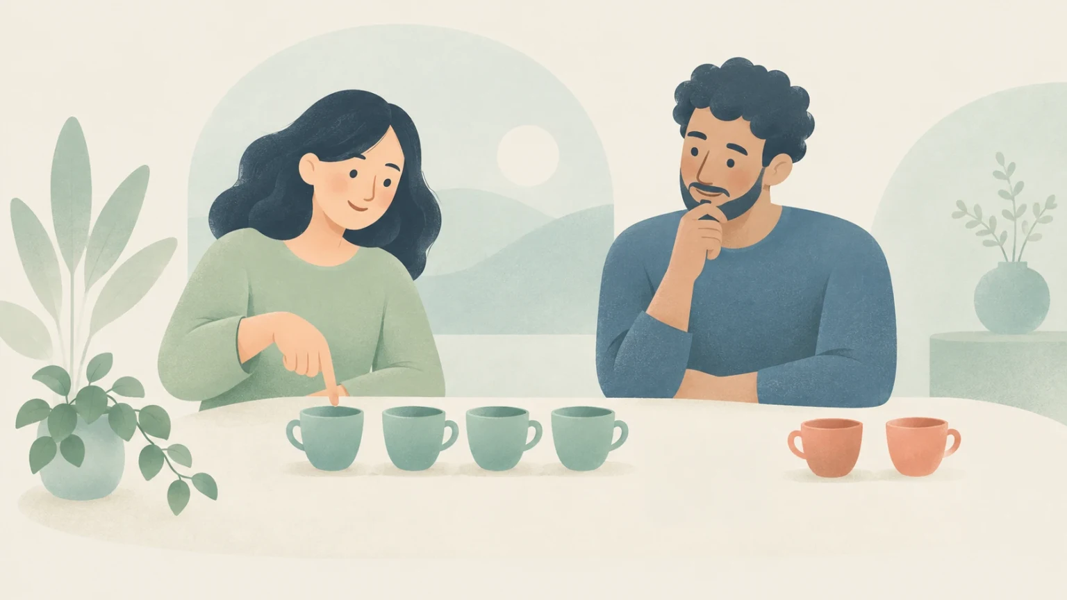 An editorial illustration of a woman pointing to one of four teal cups at a table with a man, alongside two terracotta cups.