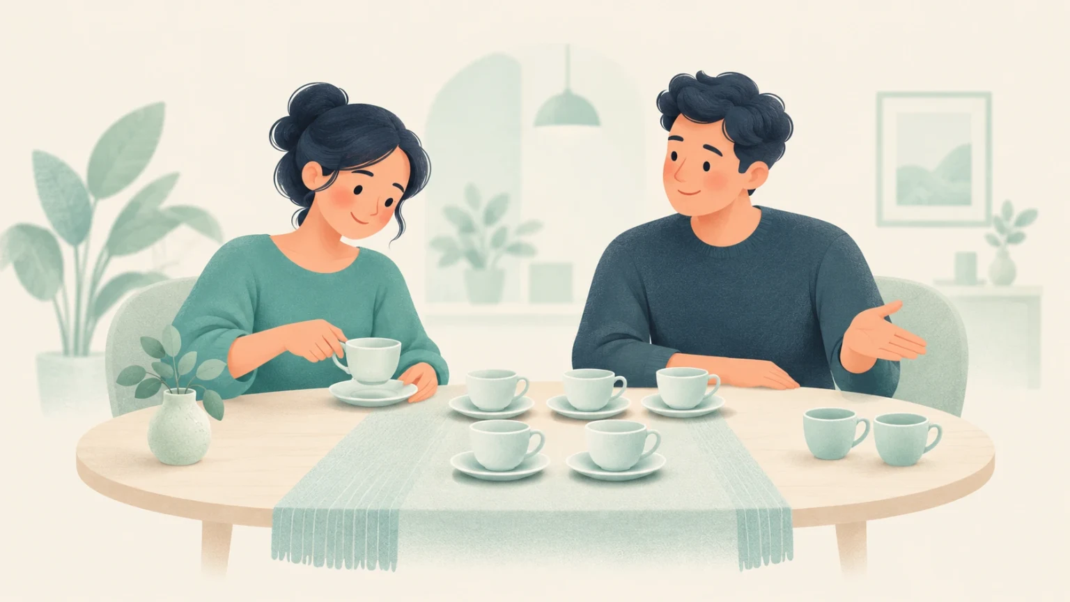 A man and a woman sit at a table arranging teacups and saucers for a community meal.