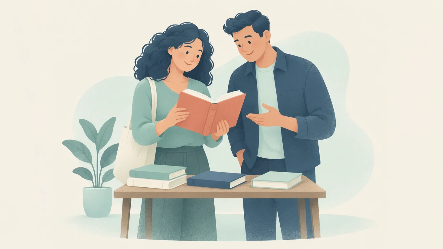 A man and a woman smiling as they discover and read an open book together at a table.