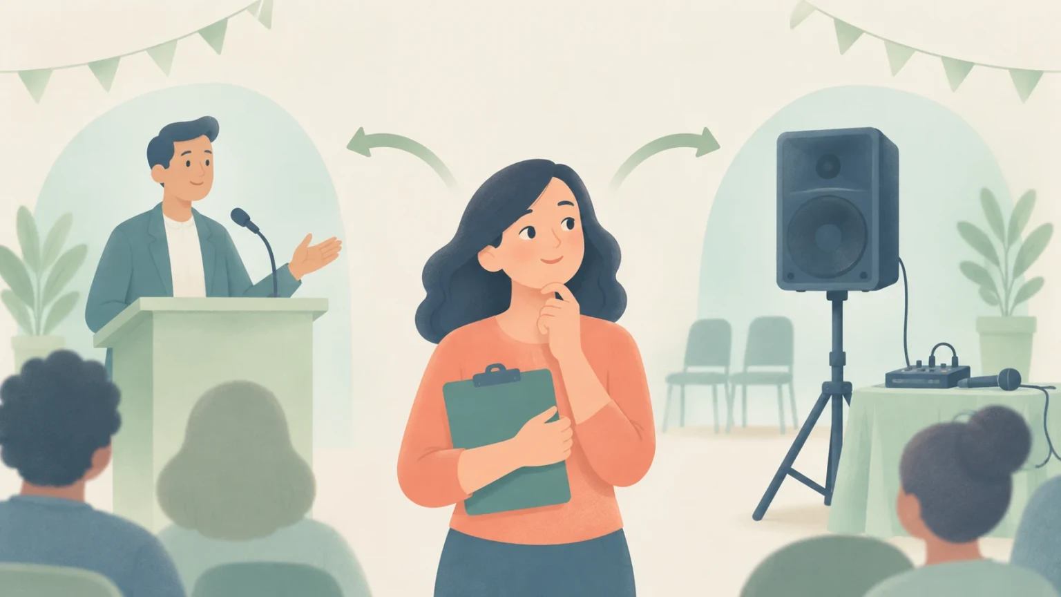 An editorial illustration of a thoughtful woman with a clipboard standing between a man speaking at a podium and an audio loudspeaker on a stand.