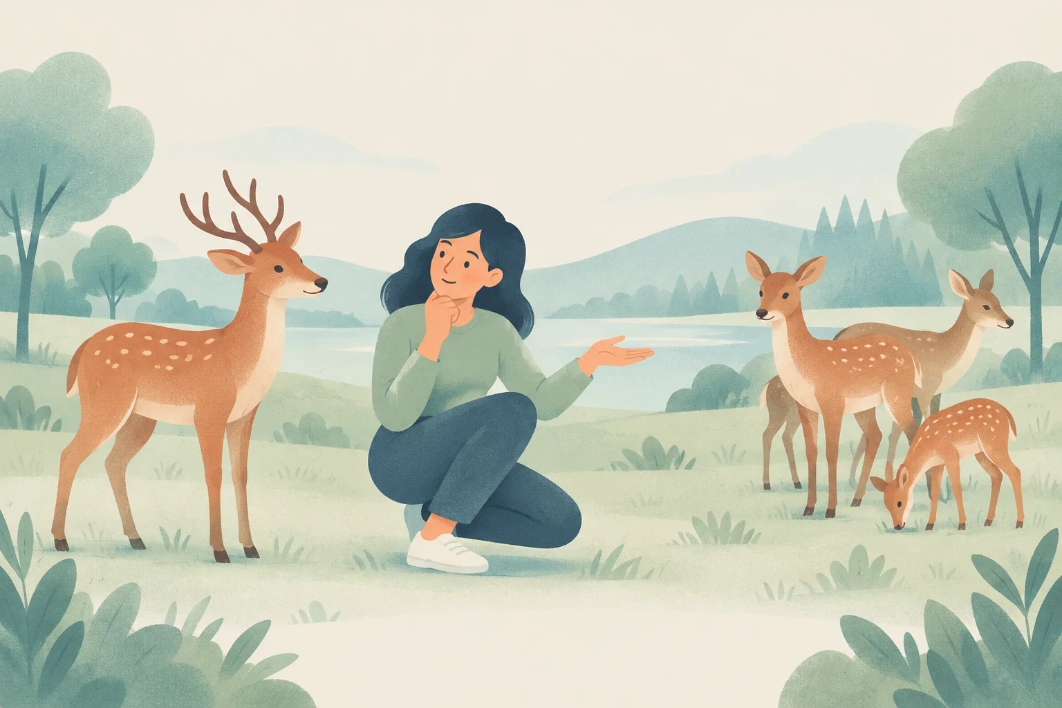 An editorial illustration of a woman crouching in a grassy field, gesturing between a single deer on the left and a group of deer on the right.