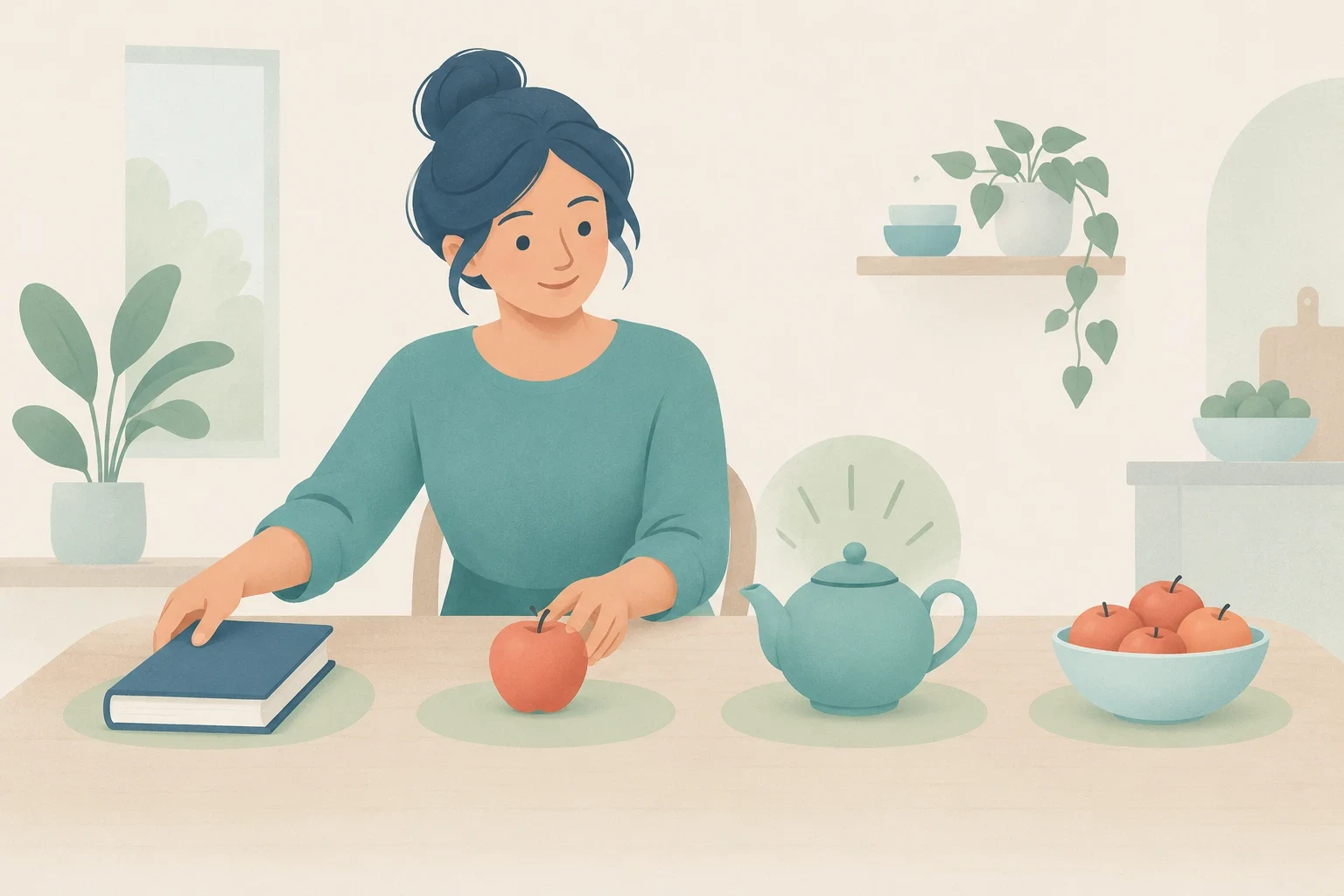 An editorial illustration of a woman seated at a wooden table with a book, an apple, a teapot, and a bowl of apples arranged in front of her.