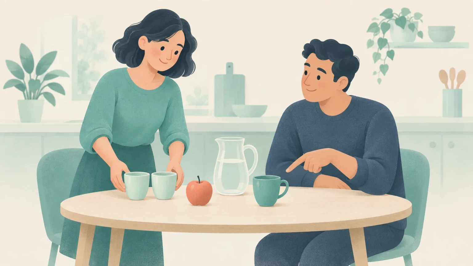 A woman places two cups on a kitchen table while a seated man points toward a mug beside an apple and a pitcher of water.