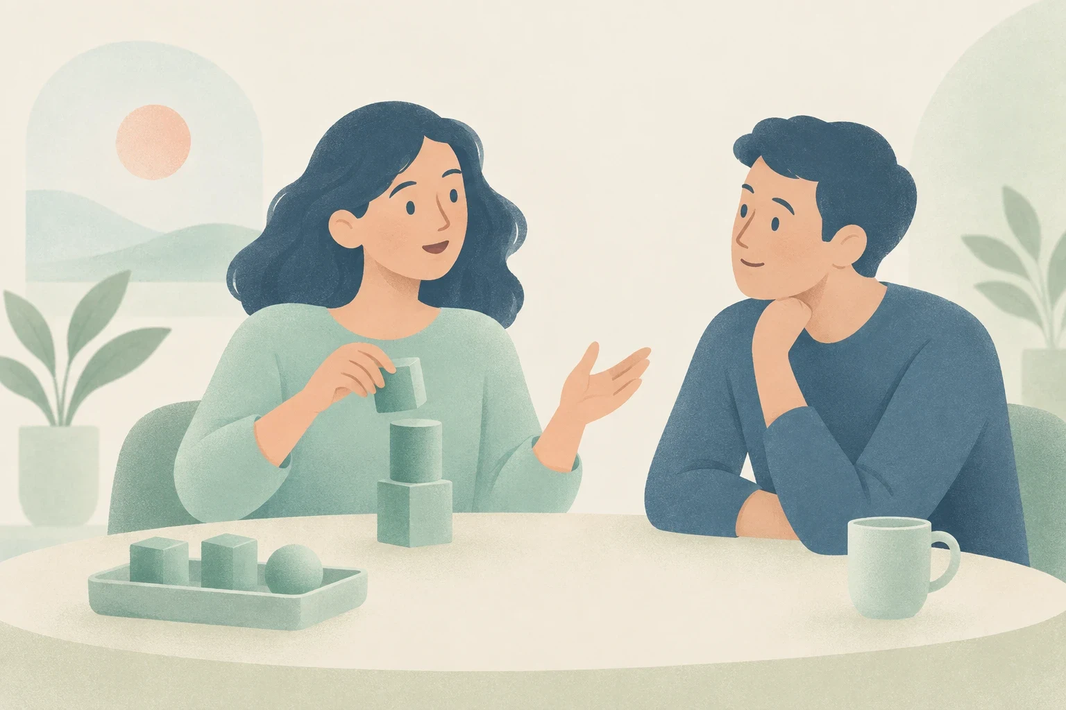 Editorial illustration of a woman stacking blocks at a table while talking to an attentive man.