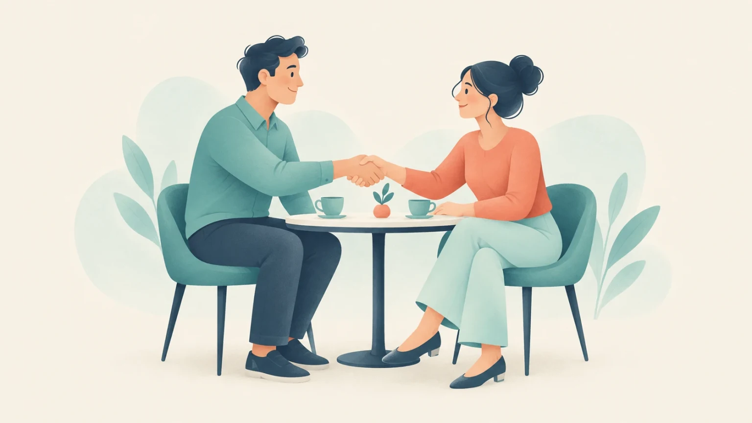 A man and a woman sitting at a table smiling and shaking hands in an amicable agreement.