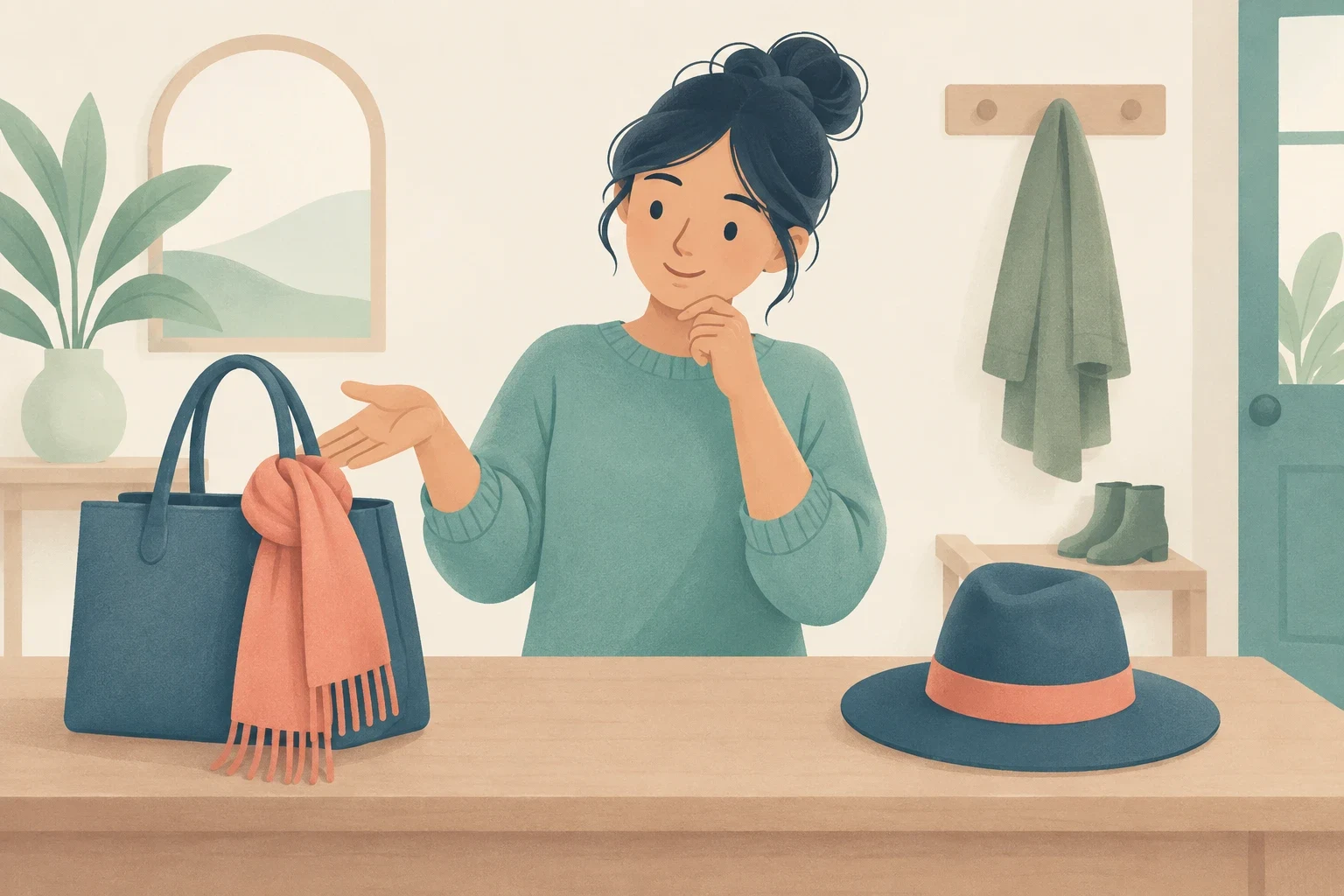 A woman stands behind a table gesturing toward a blue tote bag with a scarf next to a hat in an entryway.