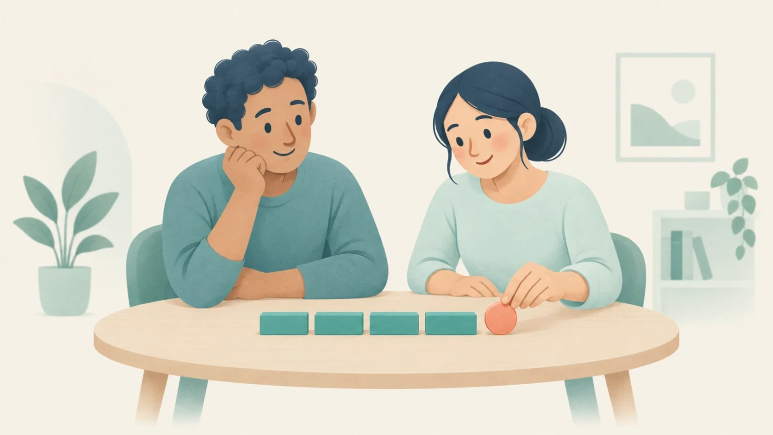 An editorial illustration of two people at a wooden table, where a woman places a round token like a full stop at the end of a row of blocks.
