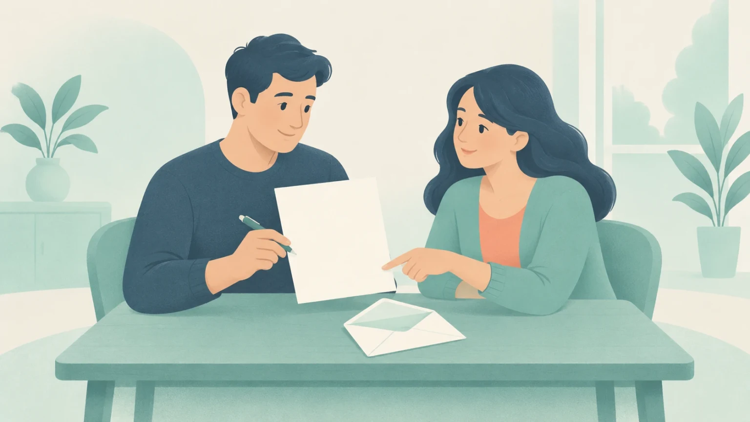 An editorial illustration of a man and a woman sitting at a table reviewing a letter before placing it into an envelope.