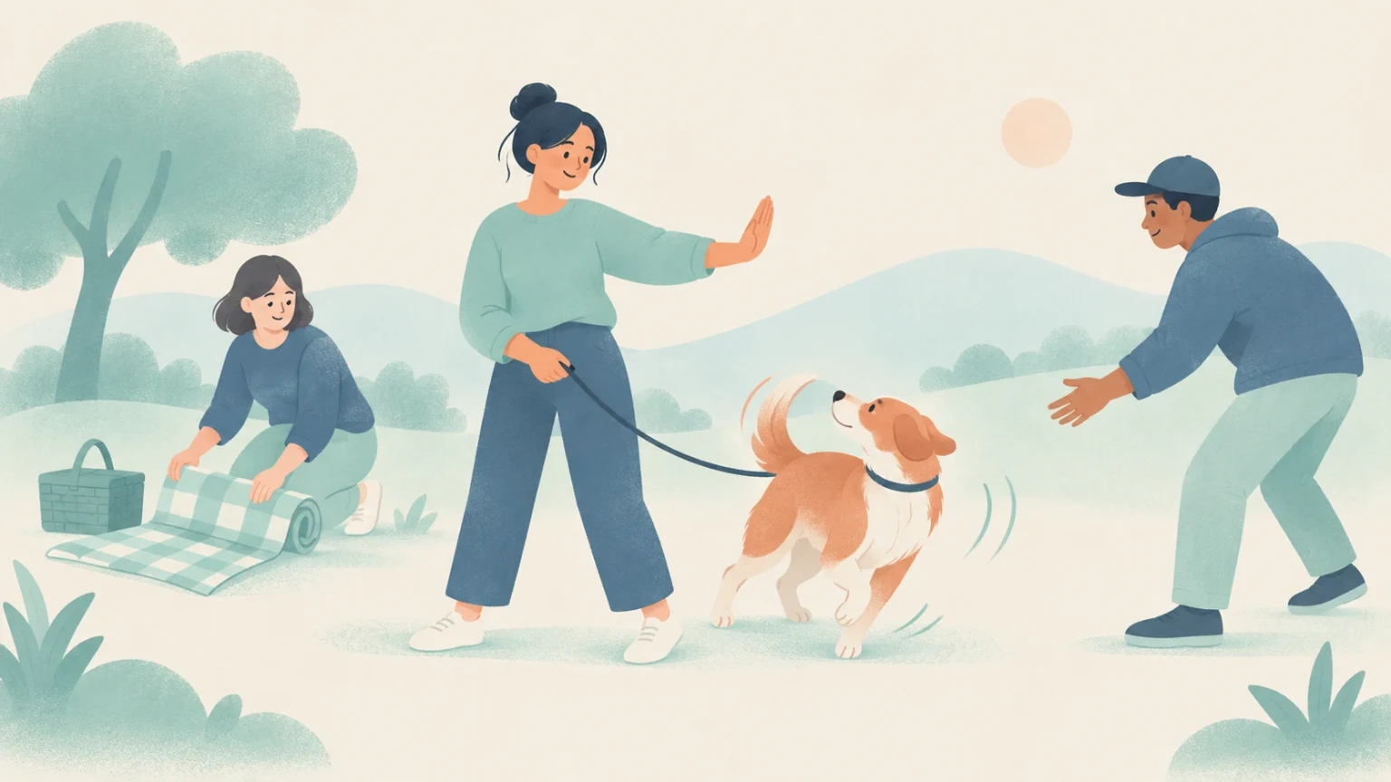 A woman holds an excited dog on a leash and raises her palm toward an approaching man while another person unrolls a picnic blanket in a park.