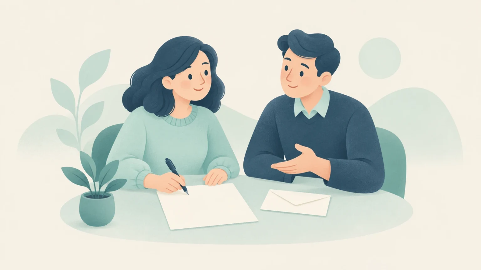 An editorial illustration of a woman writing a letter at a table with a man, with paper, an envelope, and a potted plant.