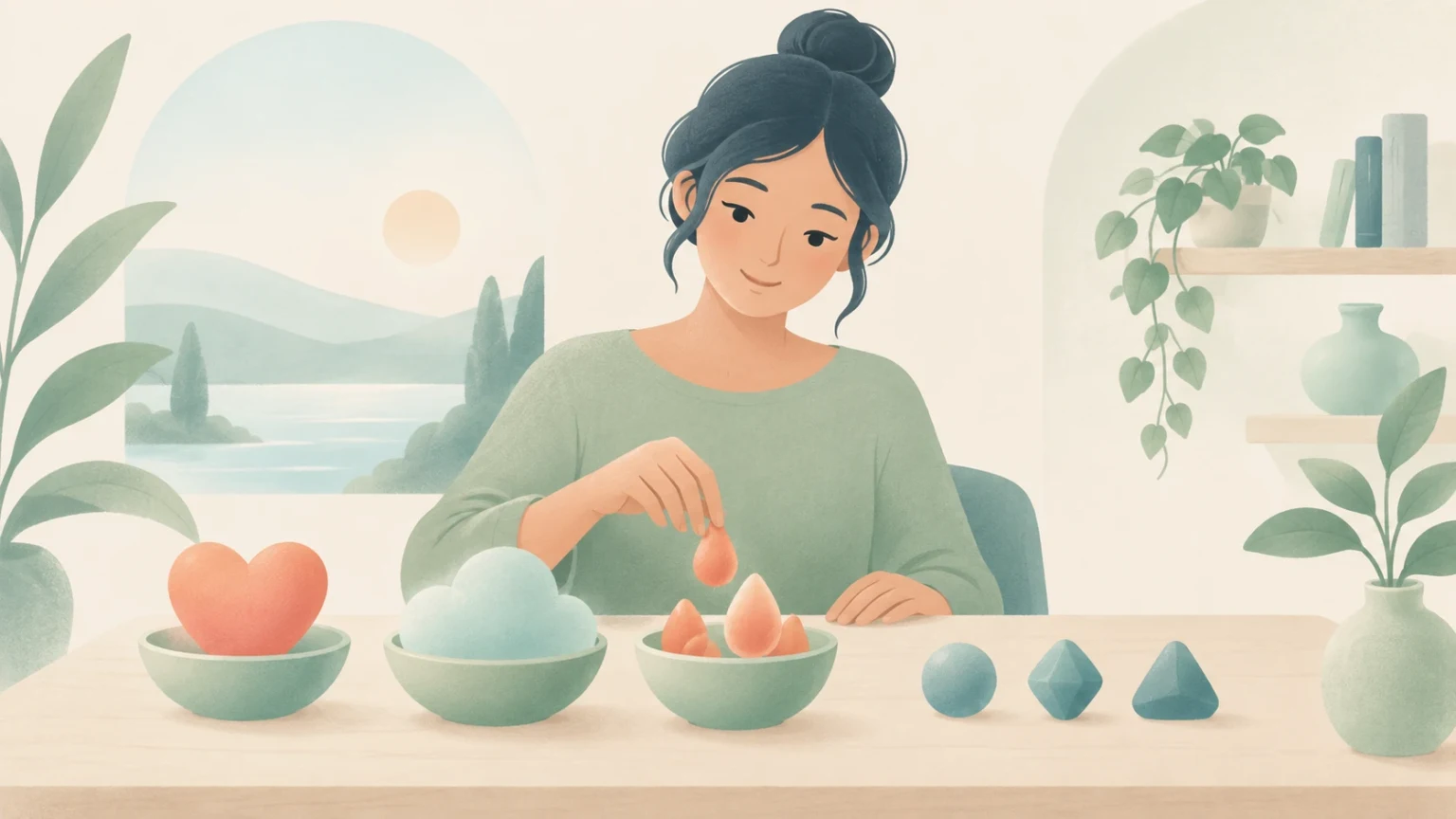 An editorial illustration of a woman sitting at a table sorting soft symbolic shapes, including a heart and cloud, into ceramic bowls.