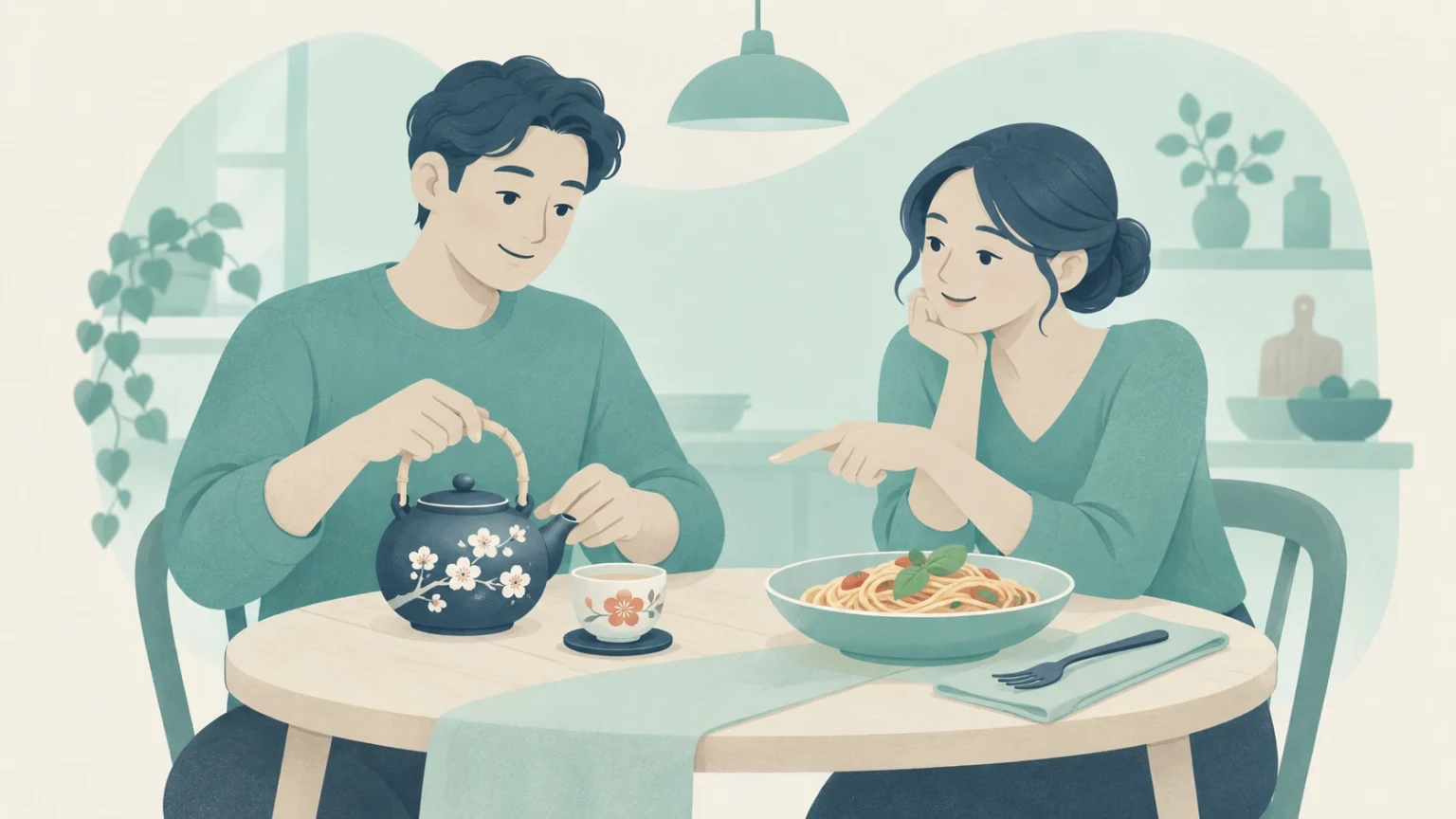 A man pours tea from a floral Japanese-style teapot while a woman points to a bowl of Italian pasta at a dining table.