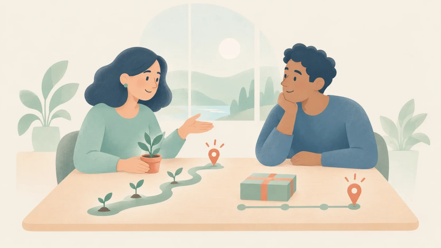 Two people sit at a table comparing two timeline paths: a winding path with growing sprouts and a straight path with a gift box.
