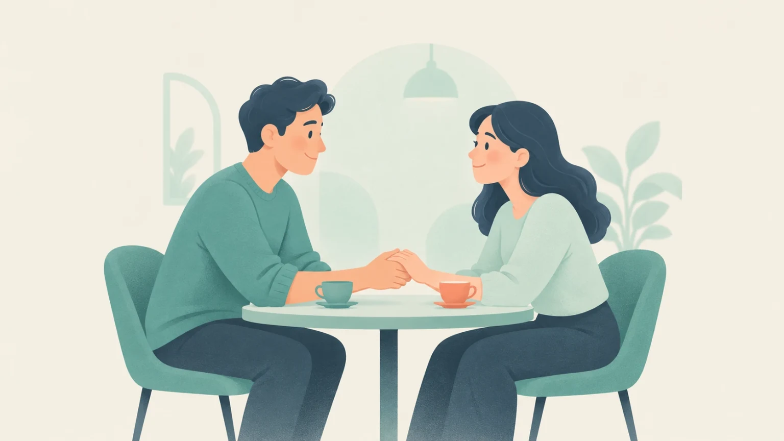 An editorial illustration of a man and a woman sitting at a cafe table holding hands and talking gently over coffee.