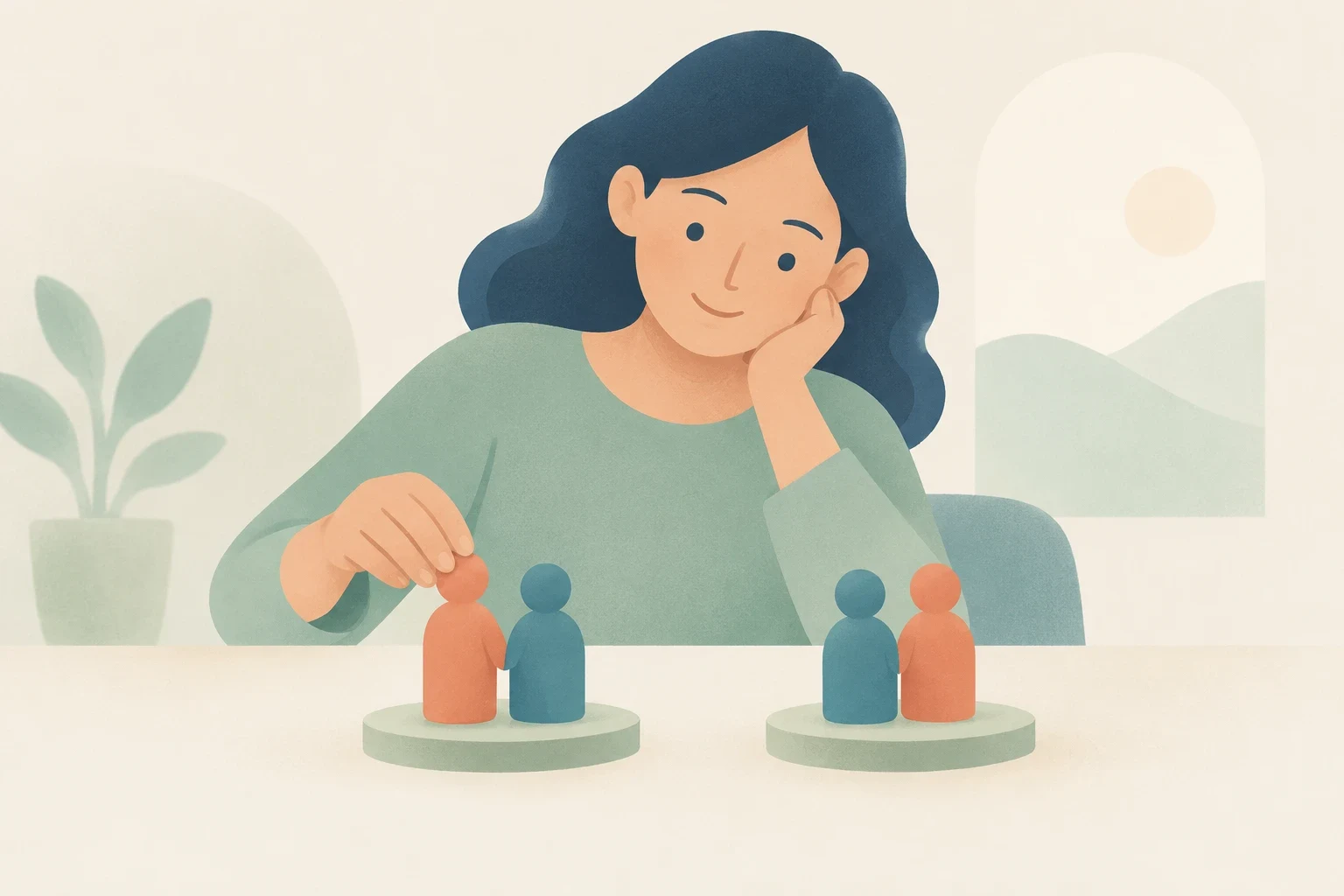A woman rests her chin on her hand at a table while arranging two pairs of small colorful peg figurines.