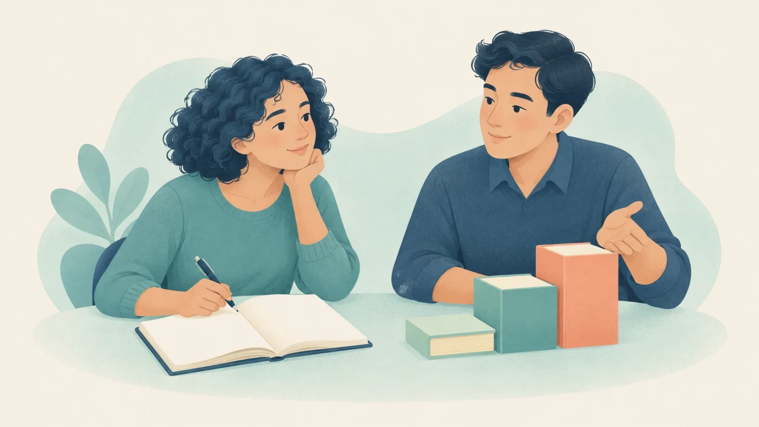 An editorial illustration of two students at a desk planning educational steps, featuring an open notebook and three ascending books.