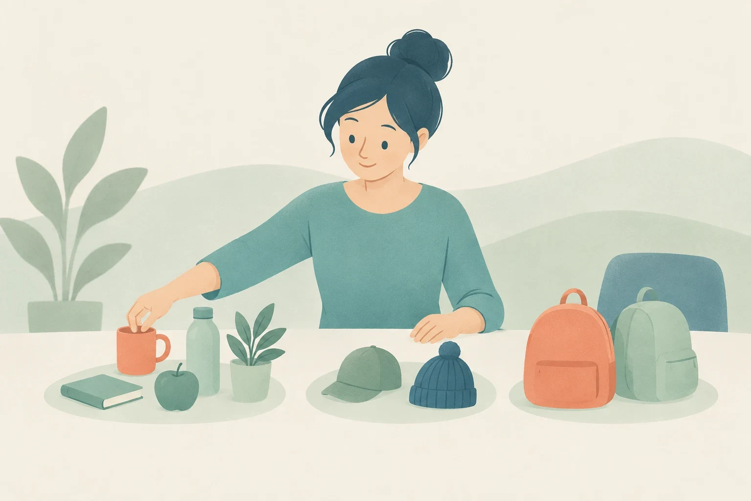 An editorial illustration of a woman at a table with three groups of items: everyday objects, two different hats, and two backpacks.