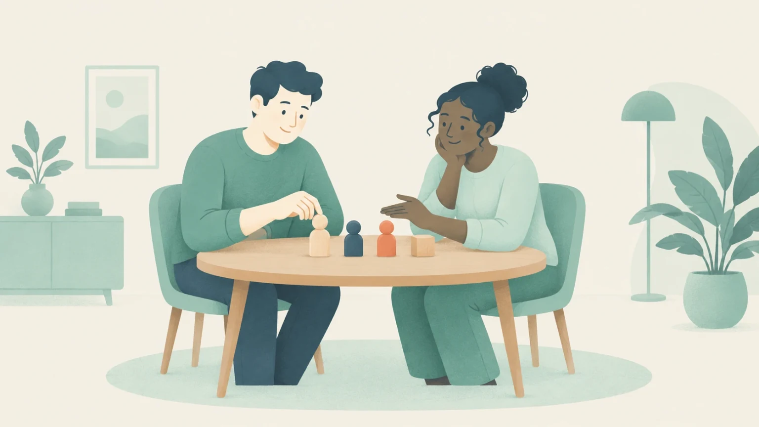 A man and a woman sit at a round wooden table indoors, discussing and gesturing toward small wooden peg figurines and a block.