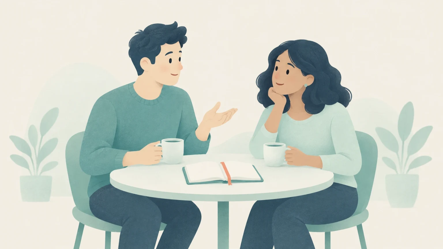 A man and a woman sitting across from each other at a table with coffee mugs and an open notebook, having an engaging conversation.