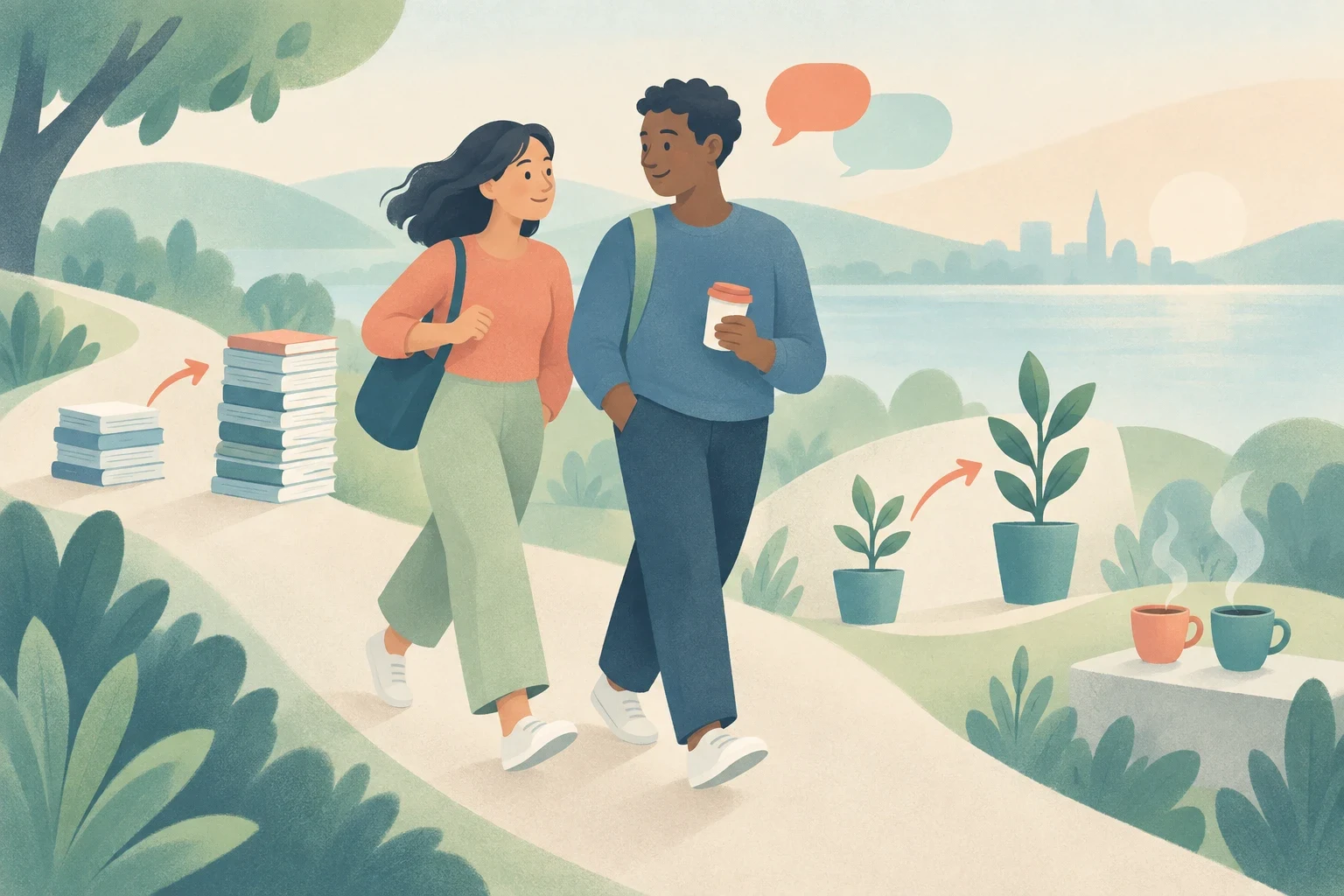 Two friends walk and chat beside a lake, with speech bubbles overhead, growing stacks of books, plants linked by arrows, and two steaming mugs nearby.