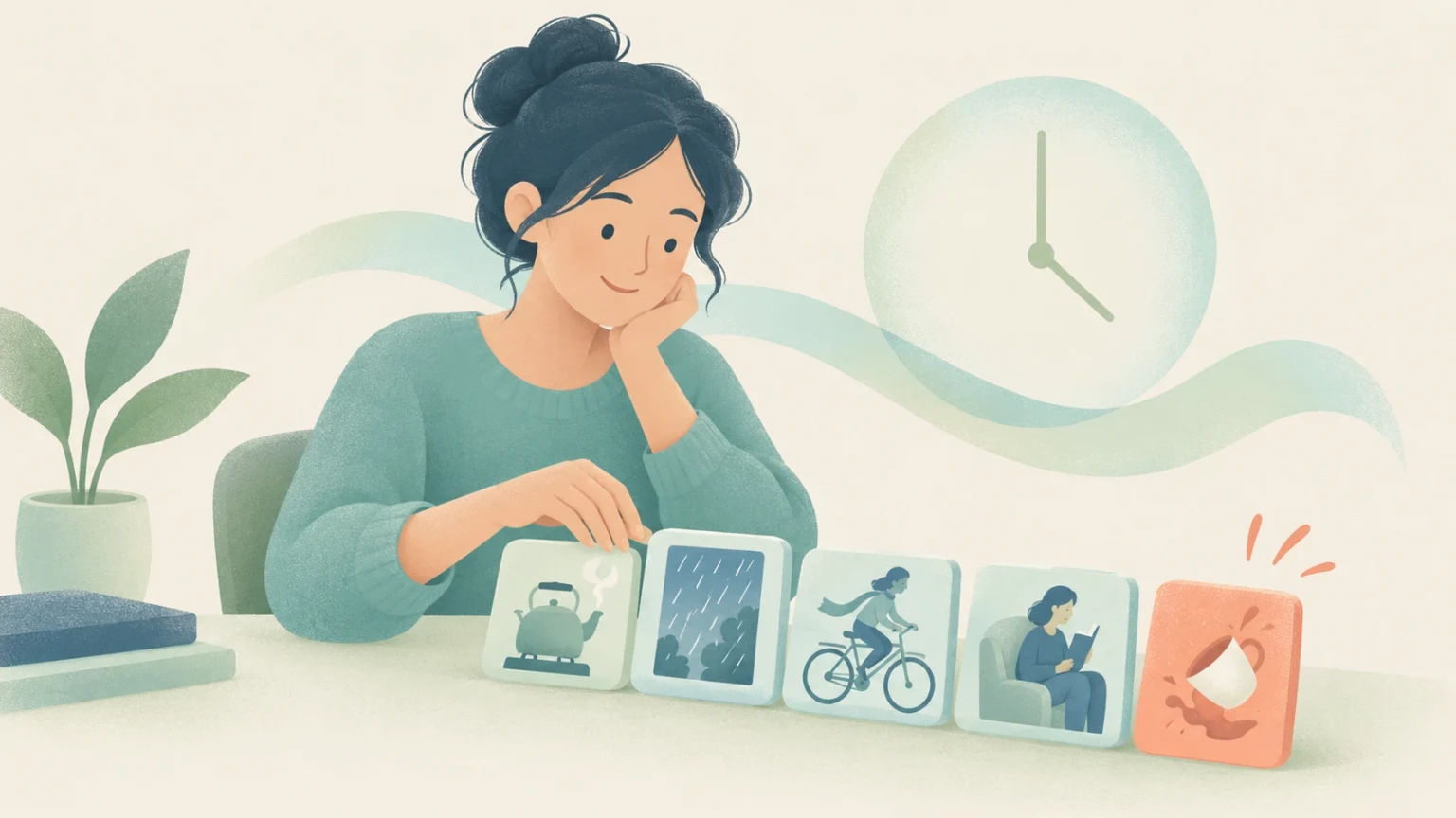 An editorial illustration of a woman at a desk with cards showing actions in progress and an interrupting spilled cup beside a stylized clock.
