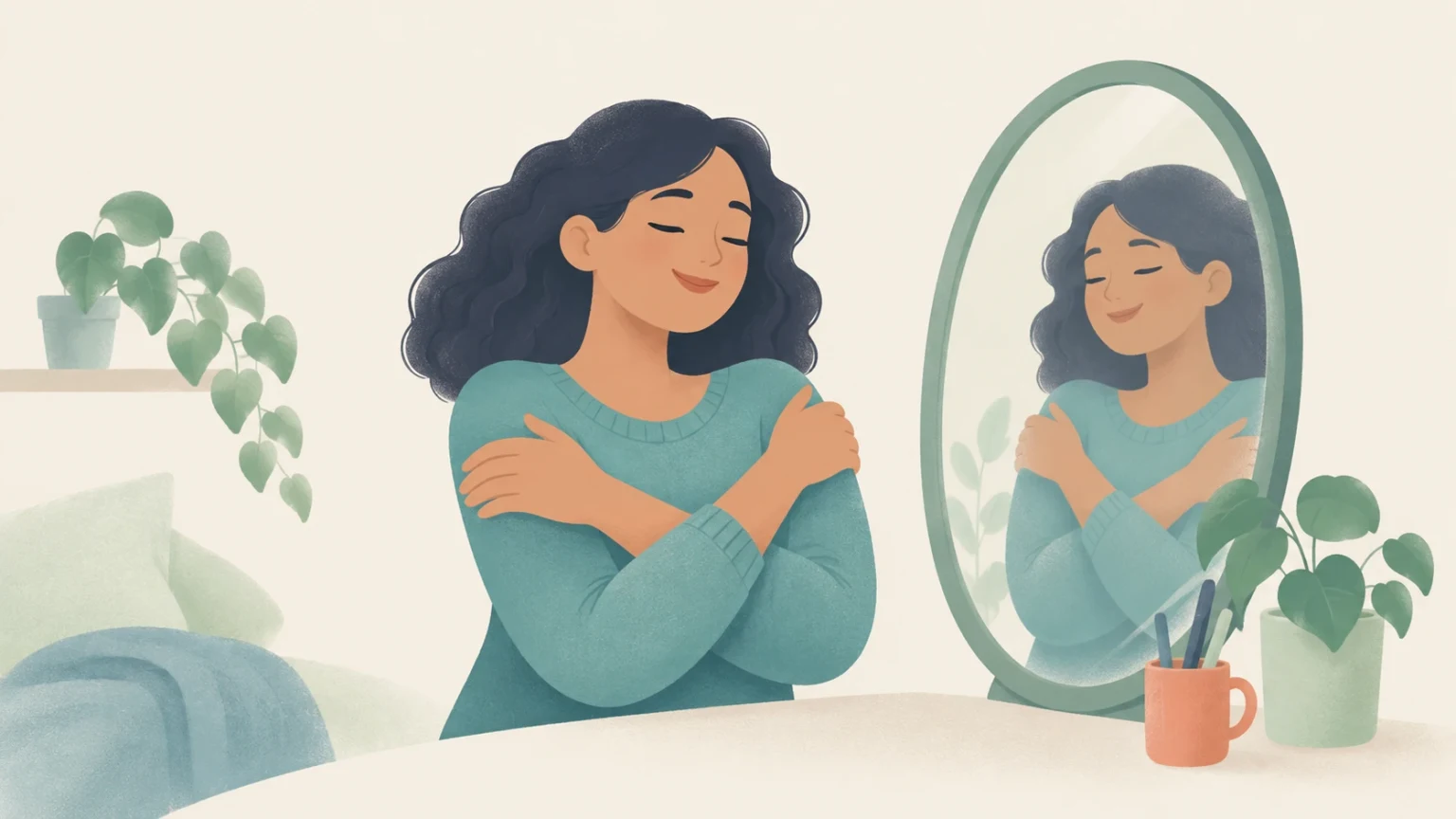 An editorial illustration of a woman with curly hair hugging herself and smiling serenely in front of an oval mirror.