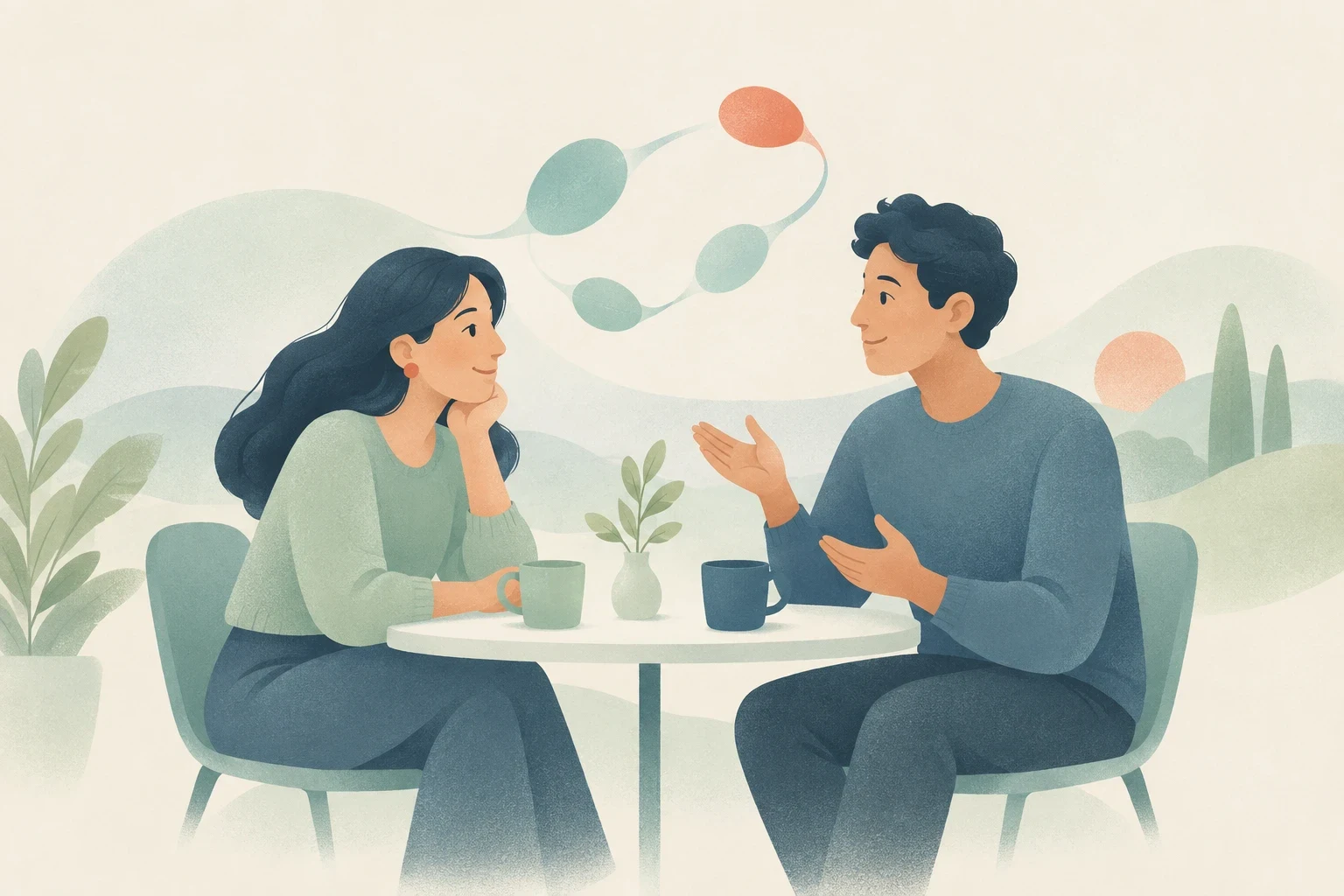 An editorial illustration of two people seated at a round table having a conversation, with abstract speech nodes connecting above them.