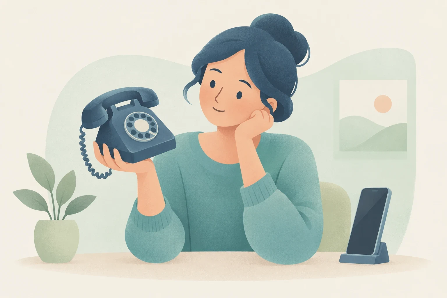 A woman at a desk holds an old rotary telephone while a modern smartphone sits in a stand nearby.