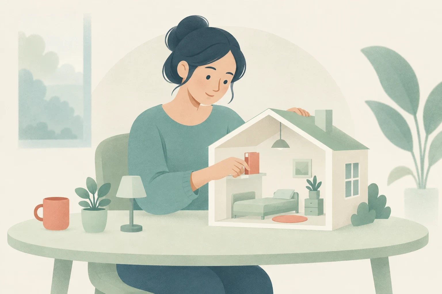 An editorial illustration of a woman at a table placing a small red book inside a miniature cutaway house.