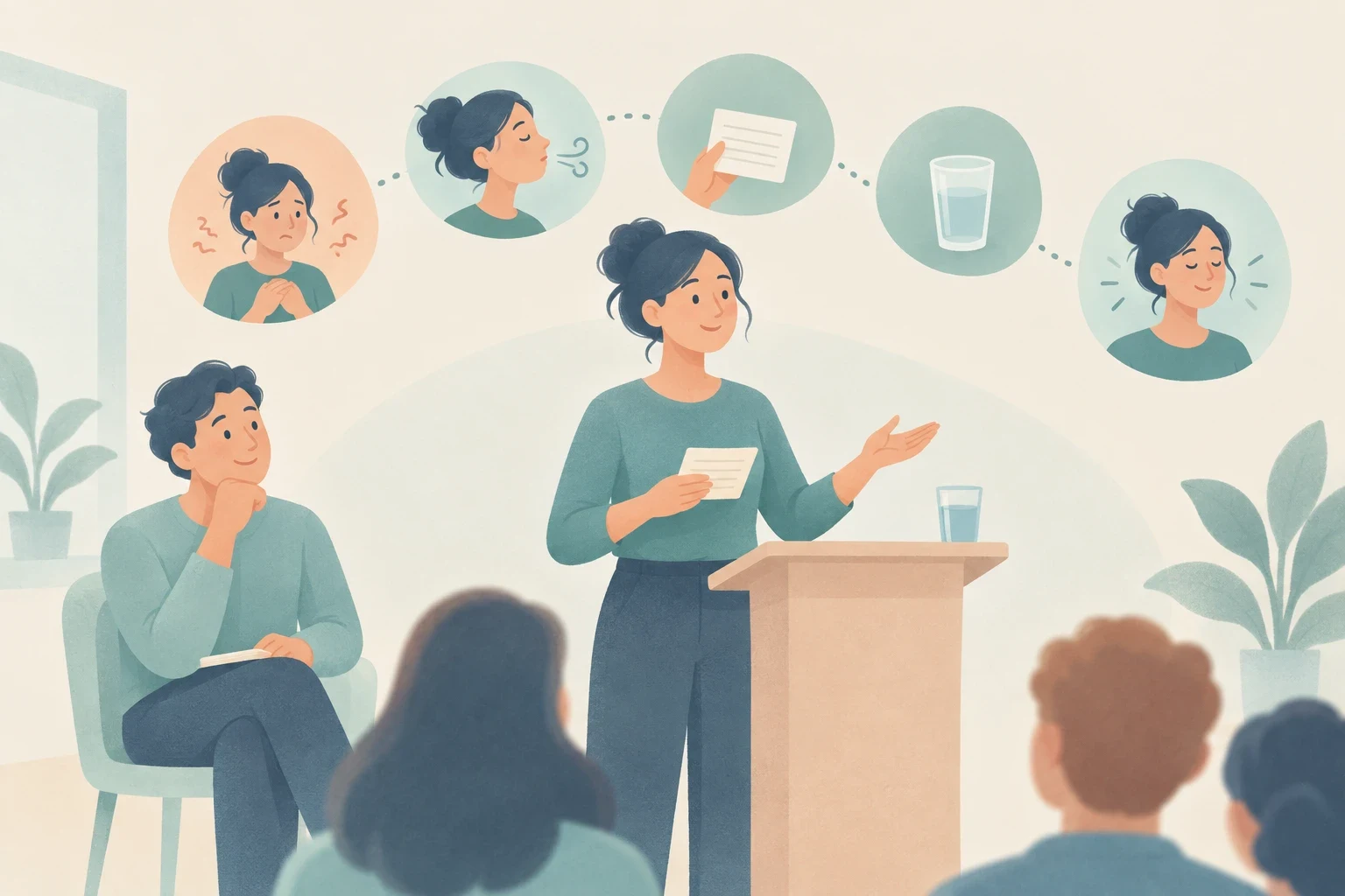 Editorial illustration of a woman speaking at a podium before an audience, with circular icons above showing recovery steps for public speaking nerves.