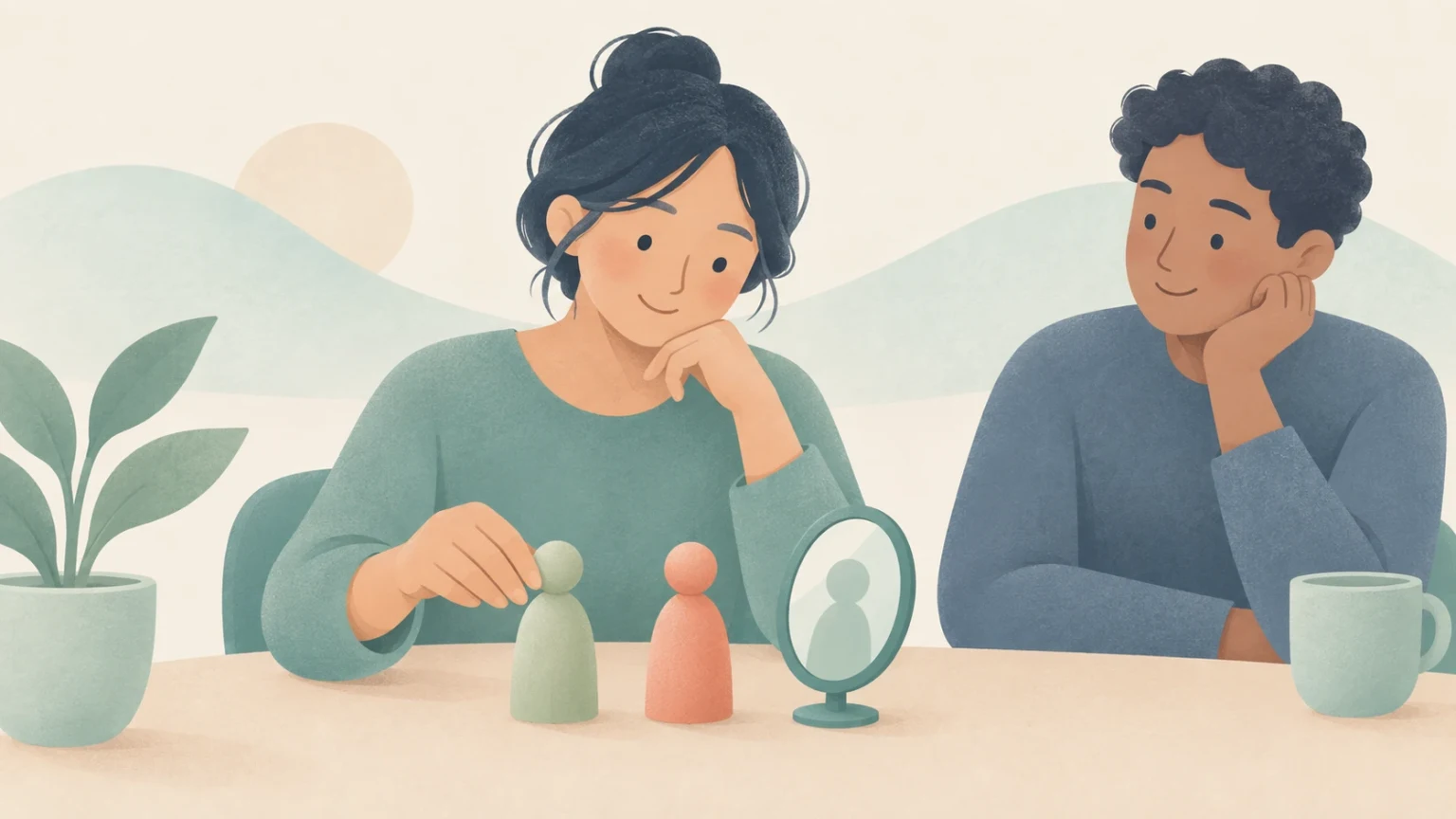 A woman and a man sit at a table with two small wooden figurines, a mirror, and a potted plant.