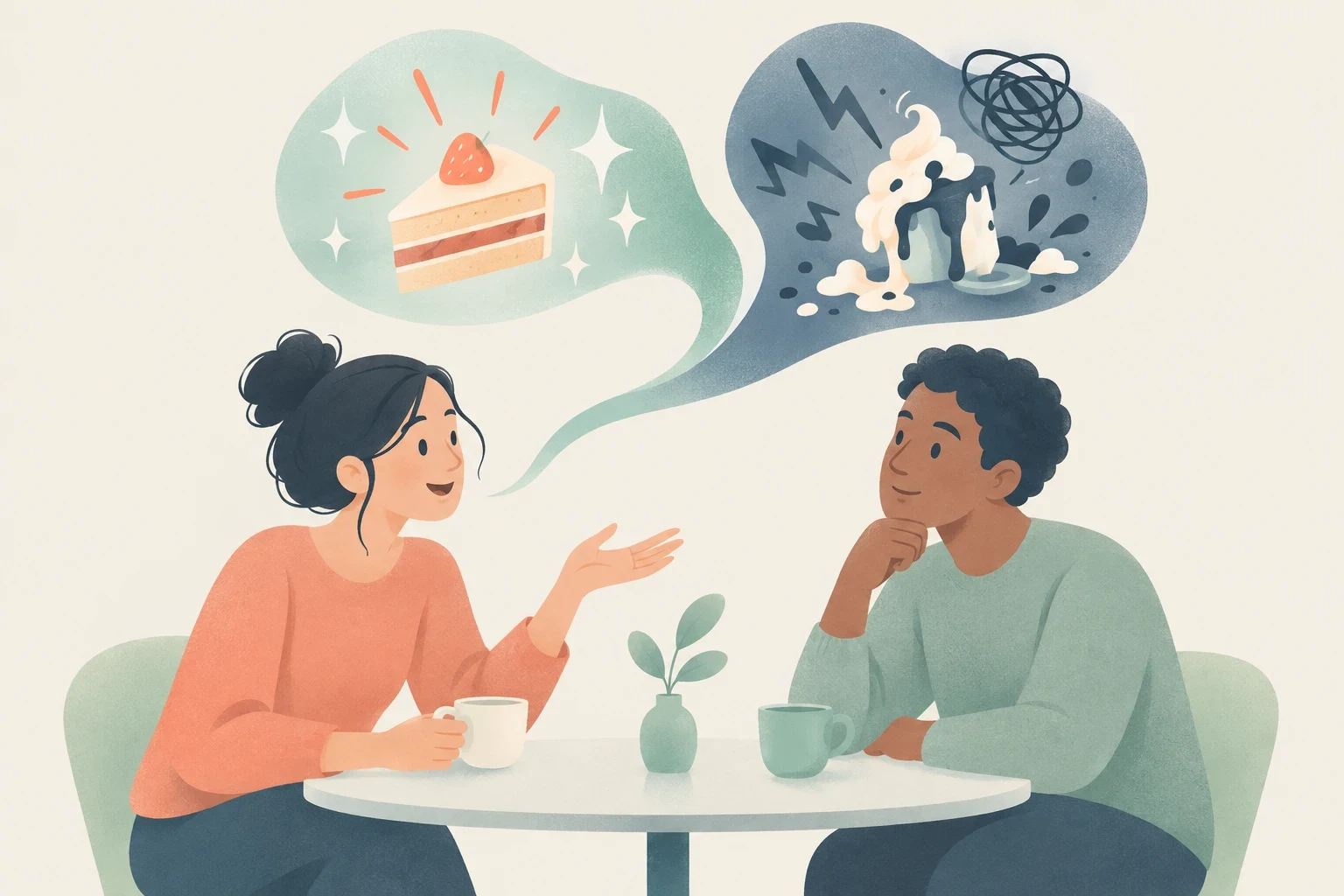 Two people sit at a cafe table discussing a word with dual meanings, visualized in speech bubbles showing an amazing cake and a ruined, messy dessert.