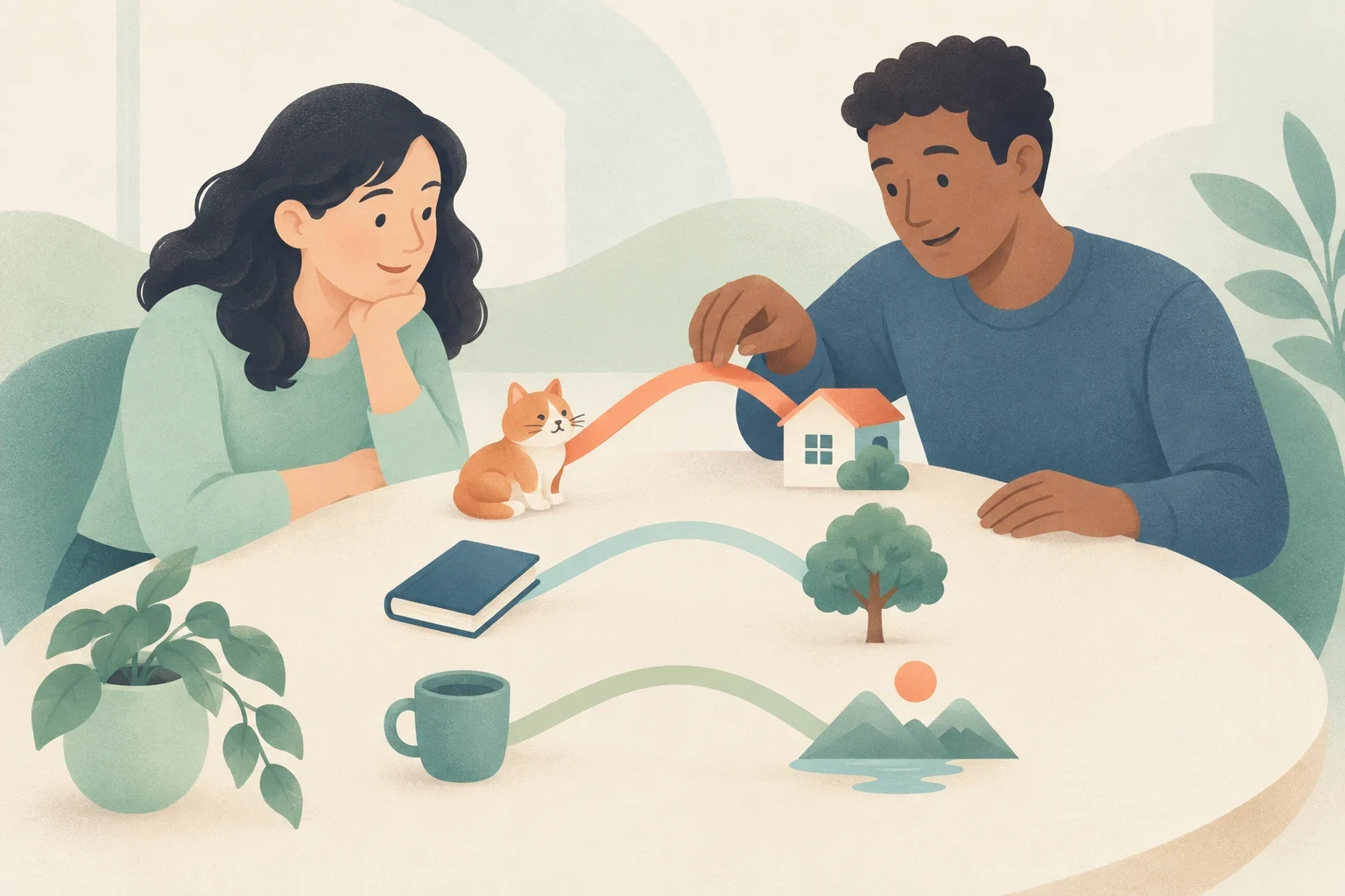 Two people at a table connect pairs of objects, such as a cat and a house, using colorful arches.