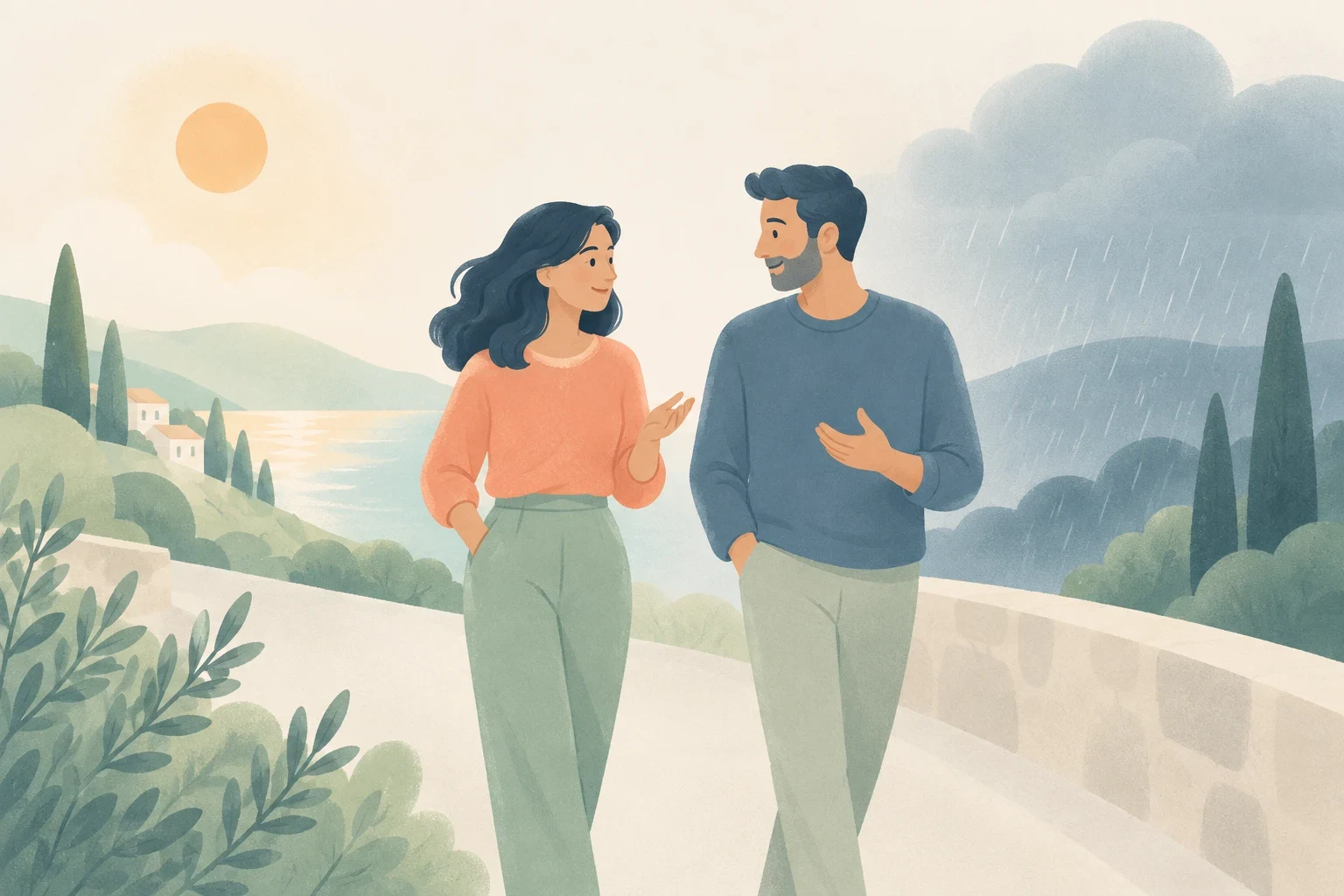 A man and a woman converse while walking along a path between sunny coastal hills and a stormy rain shower.