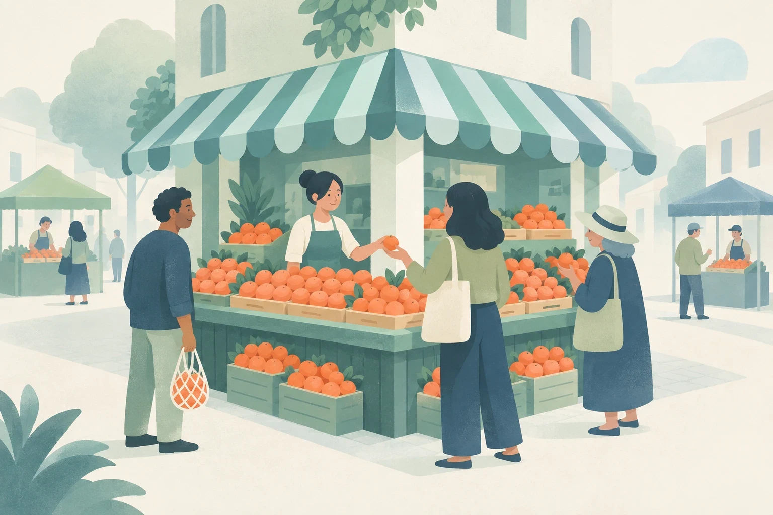An editorial illustration of a busy produce stall on a street corner overflowing with crates of oranges, with customers buying fruit from the vendor.