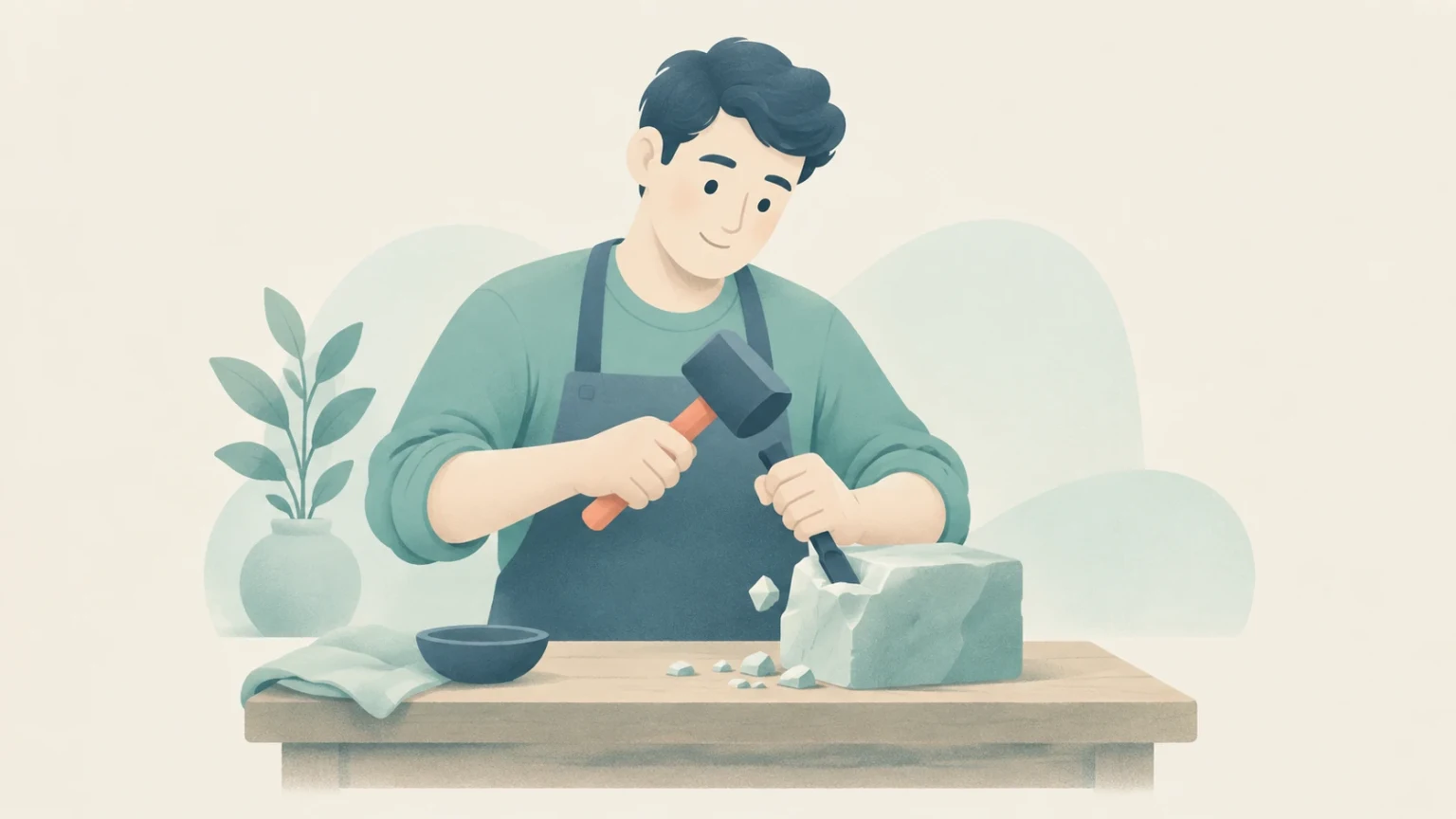 A person uses a mallet and chisel to chip small pieces from a stone block on a workbench, illustrated in soft teal and cream tones.