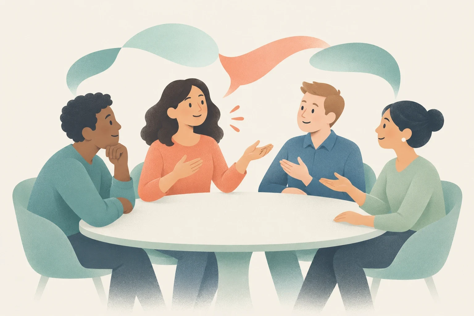 An editorial illustration of four diverse people seated around a round table engaged in an active, collaborative discussion with speech bubbles overhead.