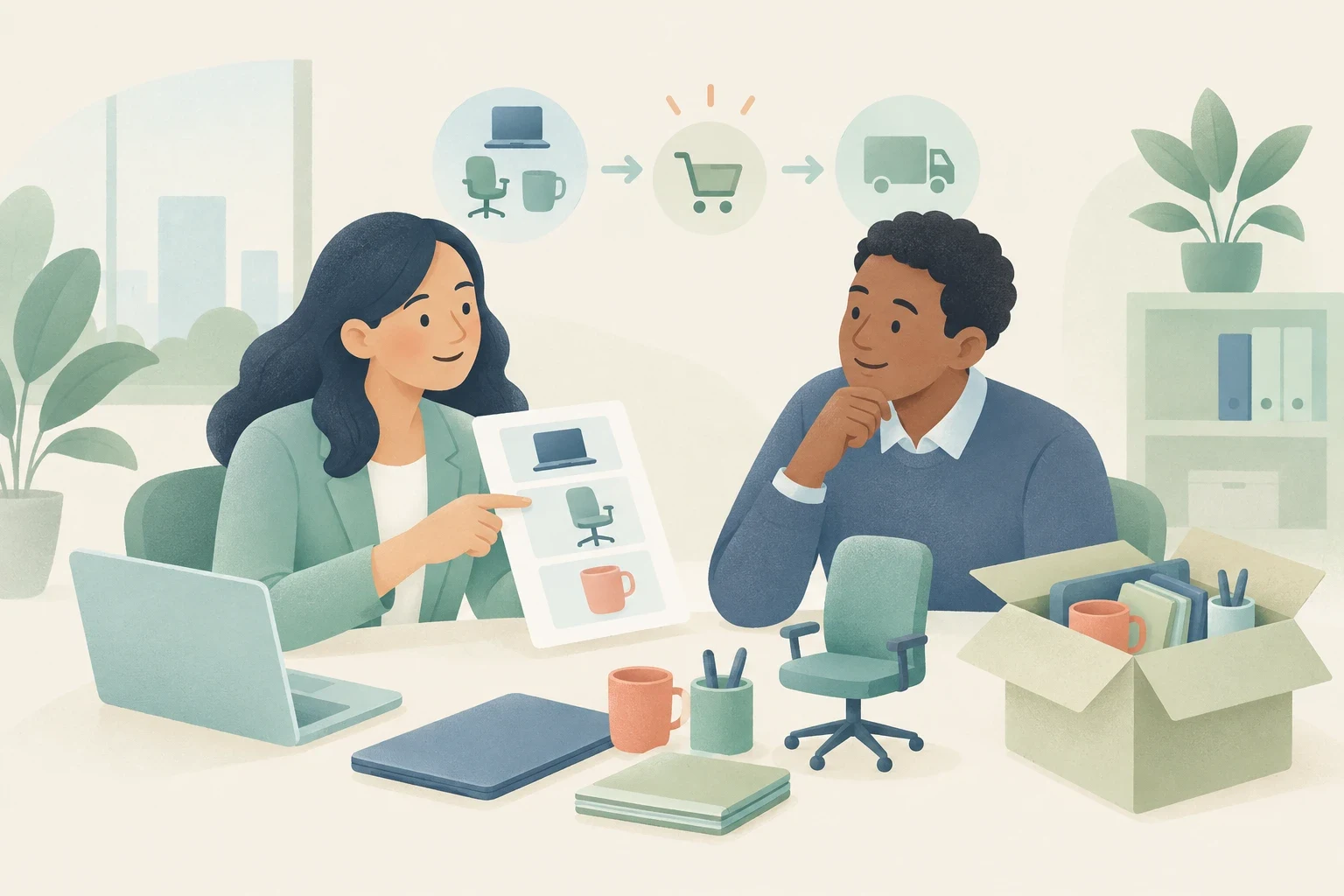 Two colleagues review an office supply procurement sheet showing workflow icons for selection, purchase, and delivery.