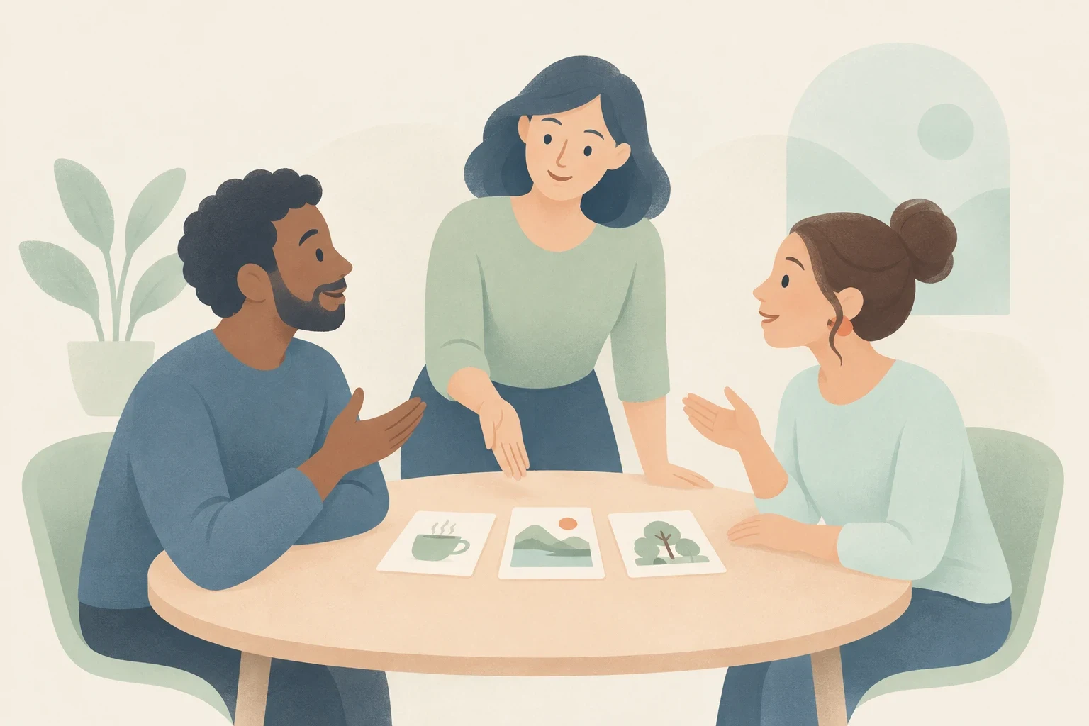 Three adult learners gather around a table to discuss illustrated prompt cards during an interactive speaking activity.