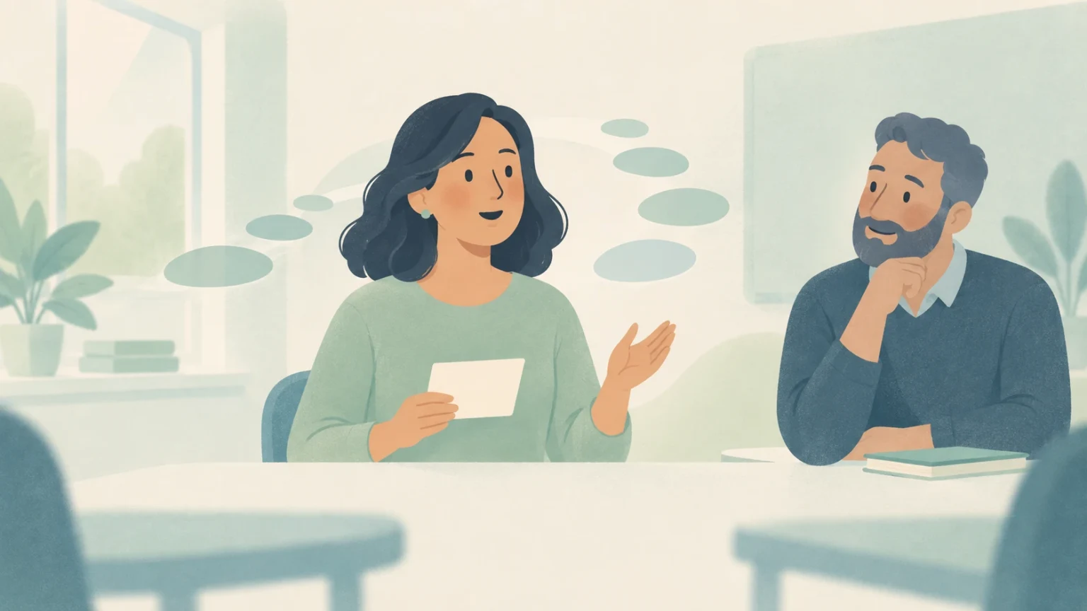 An adult woman holds a note card and speaks calmly in a classroom discussion while a male peer listens.