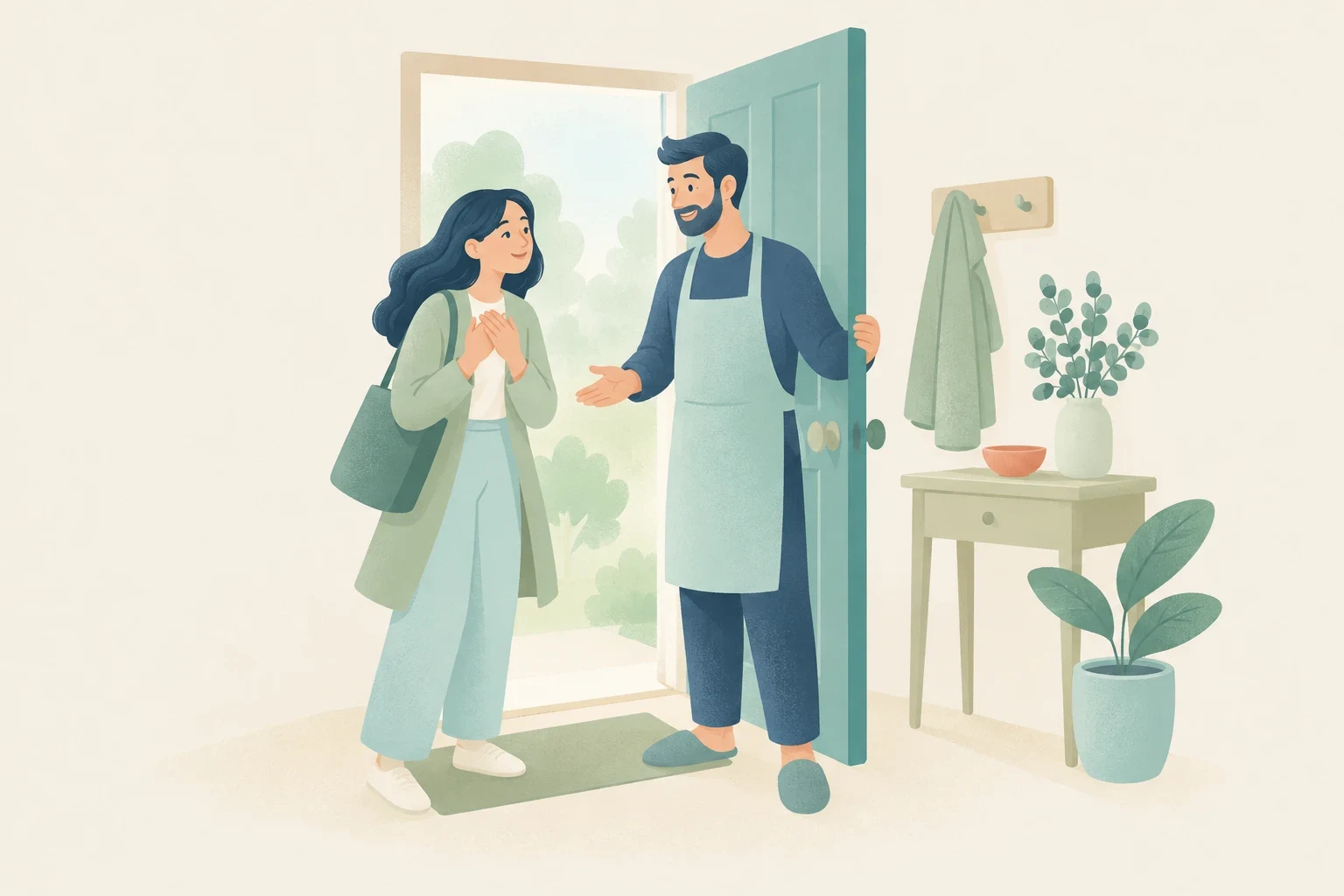 A man wearing an apron opens his front door with a welcoming gesture to greet a smiling woman standing on the doorstep.